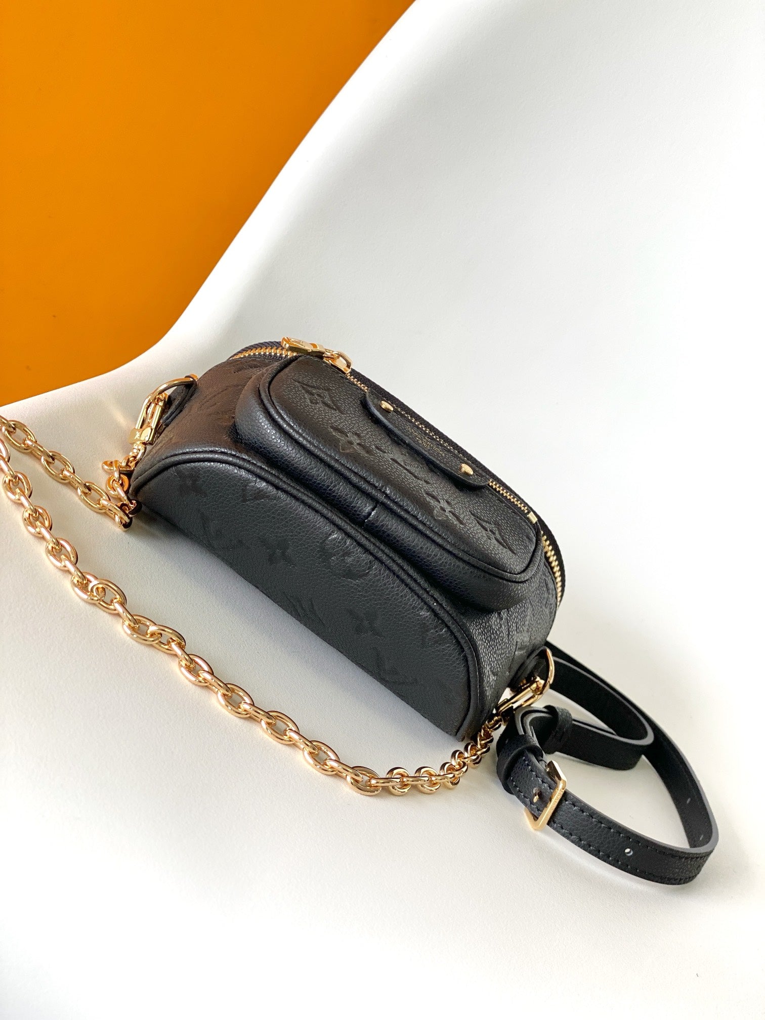 Louis Vuitton Black Embossed Leather Crossbody Belt Bag with Gold Chain