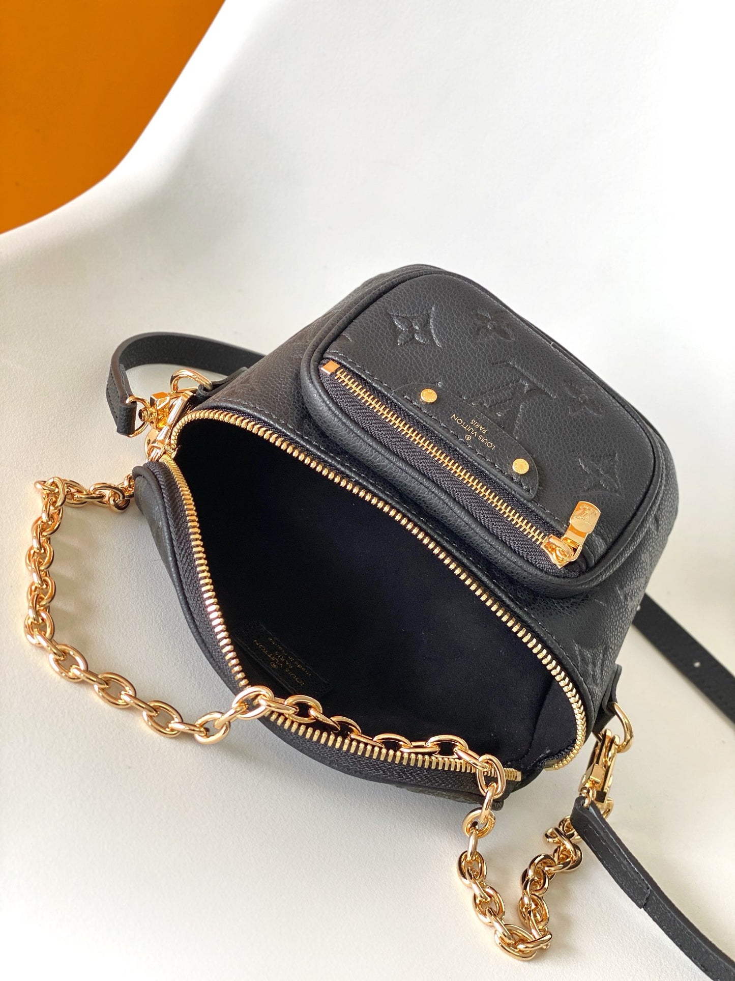 Louis Vuitton Black Embossed Leather Crossbody Belt Bag with Gold Chain