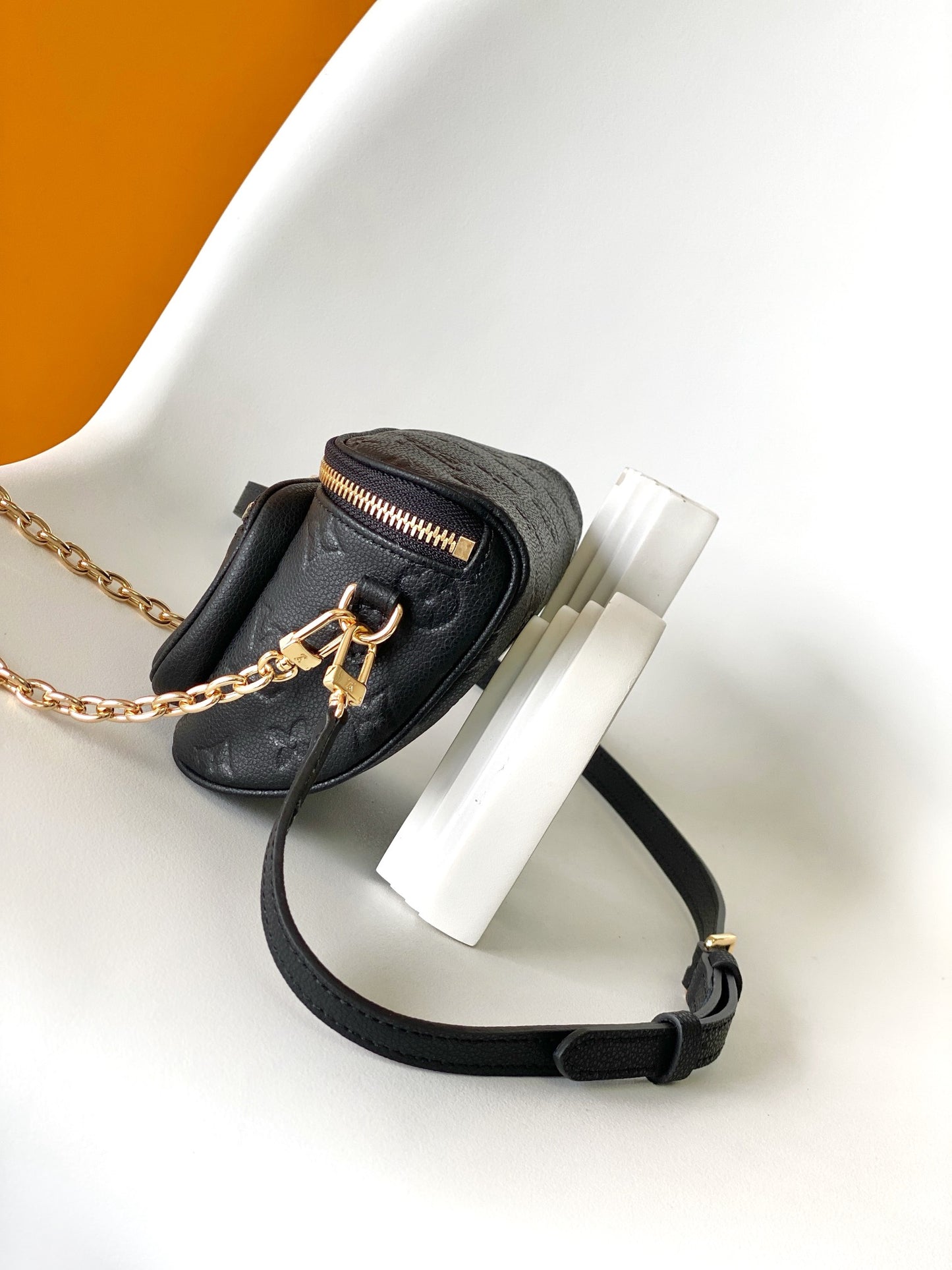 Louis Vuitton Black Embossed Leather Crossbody Belt Bag with Gold Chain