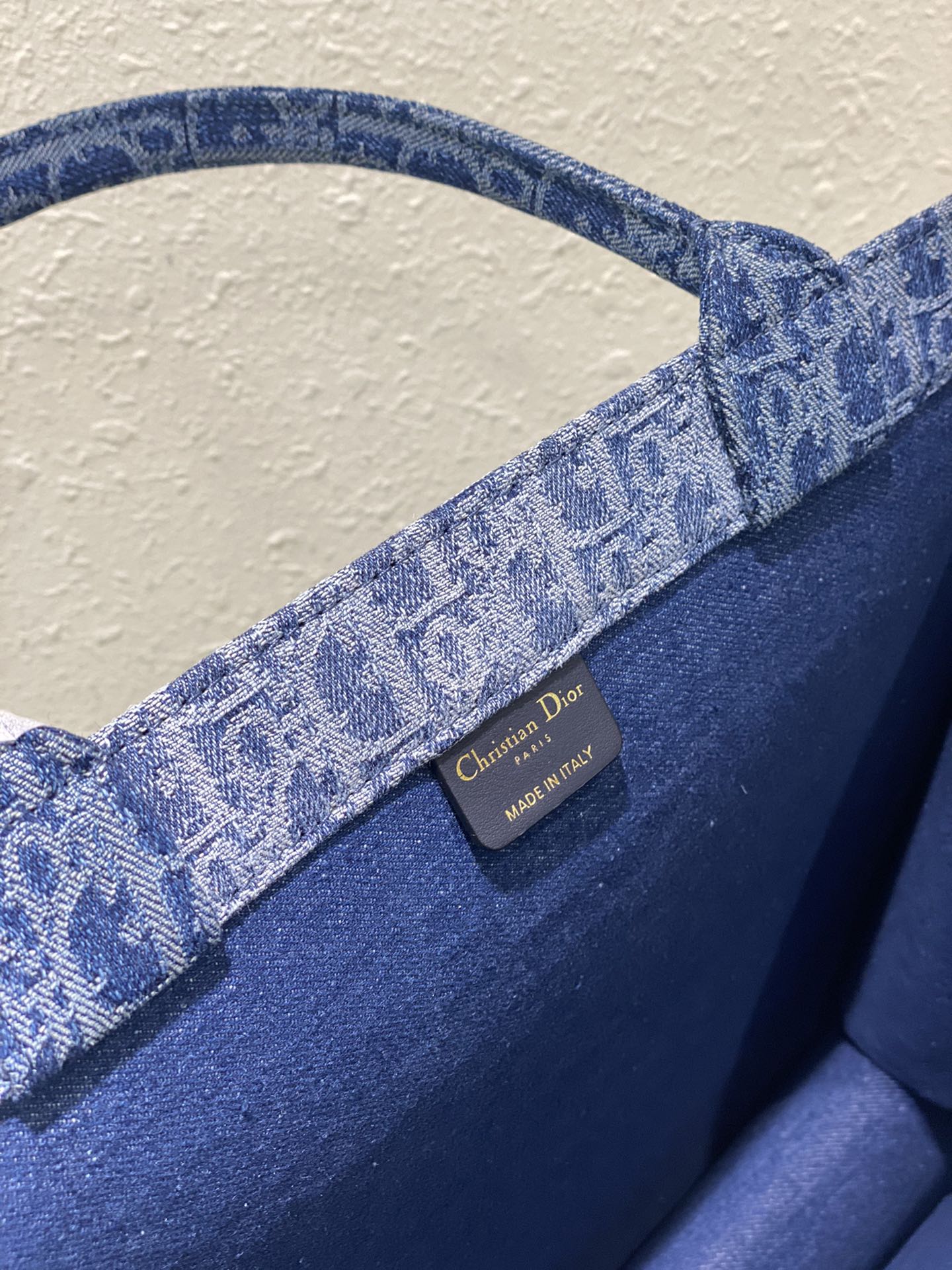 Dior Blue Monogram Canvas Tote Bag Embroidered Stripe Top Handle Handbag