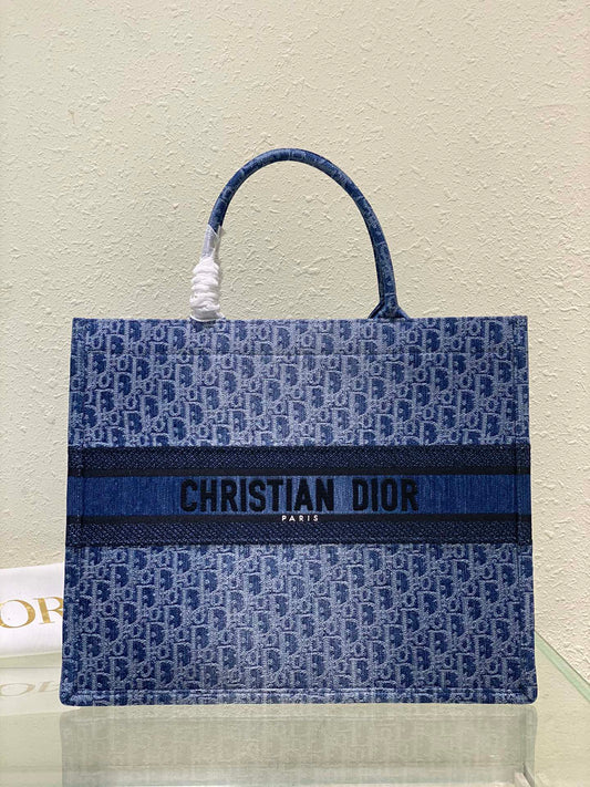 Dior Blue Monogram Canvas Tote Bag Embroidered Stripe Top Handle Handbag