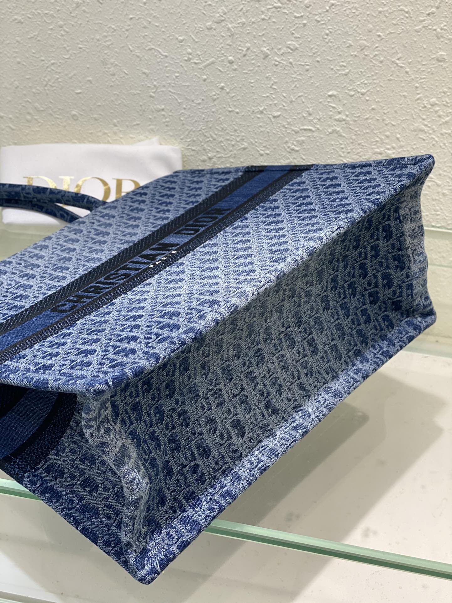 Dior Blue Monogram Canvas Tote Bag Embroidered Stripe Top Handle Handbag