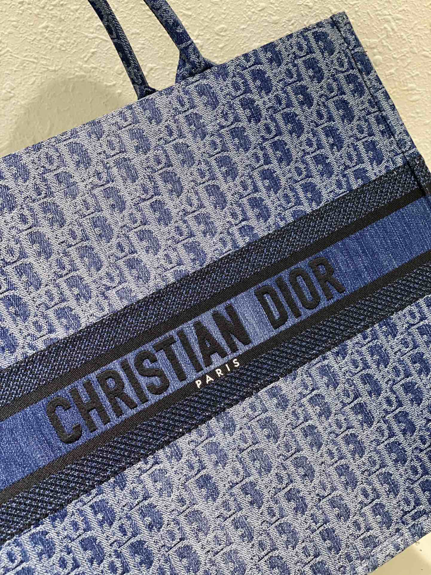 Dior Blue Monogram Canvas Tote Bag Embroidered Stripe Top Handle Handbag