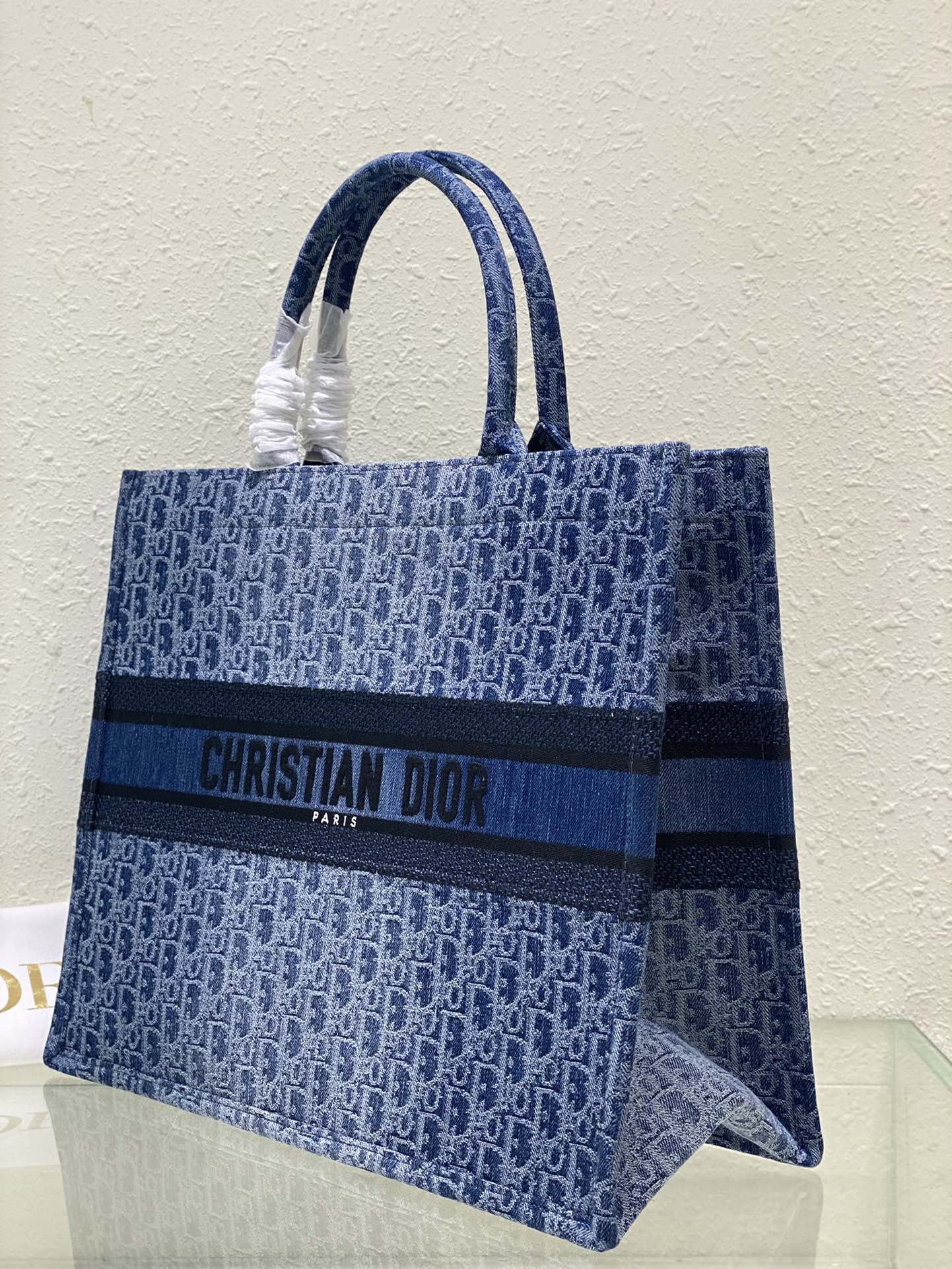 Dior Blue Monogram Canvas Tote Bag Embroidered Stripe Top Handle Handbag
