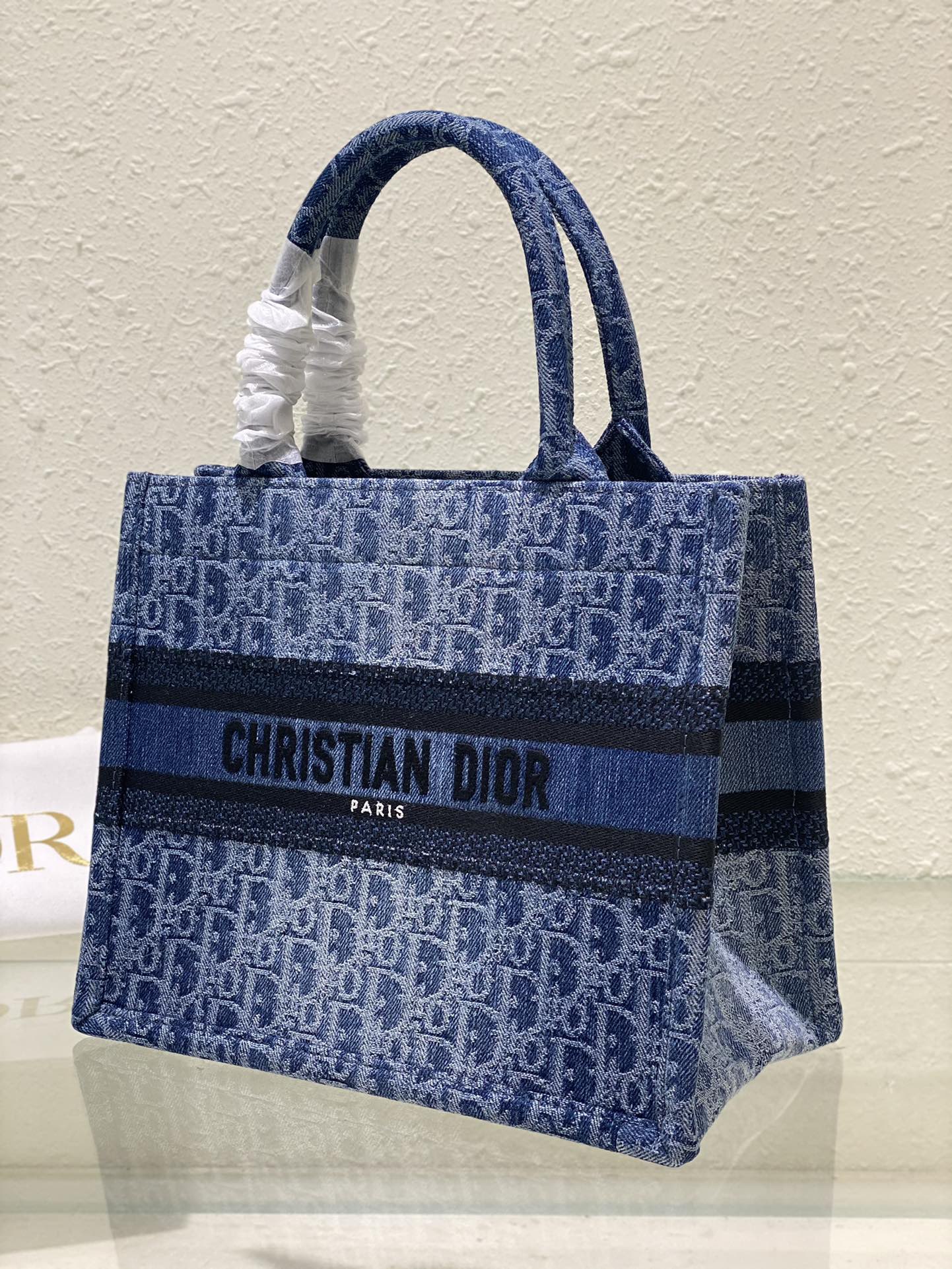 Dior Blue Monogram Embroidered Canvas Top Handle Tote Handbag
