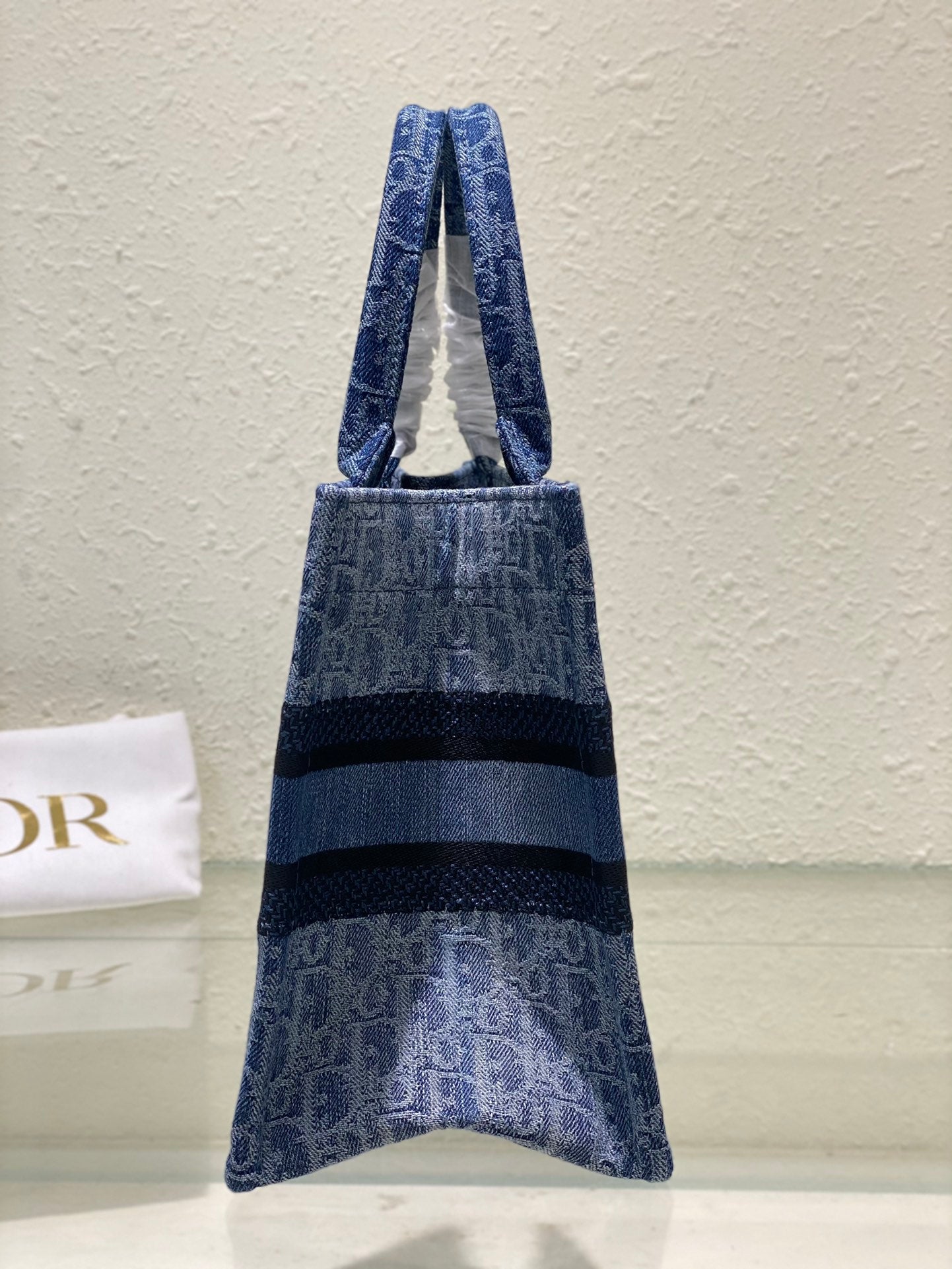 Dior Blue Monogram Embroidered Canvas Top Handle Tote Handbag