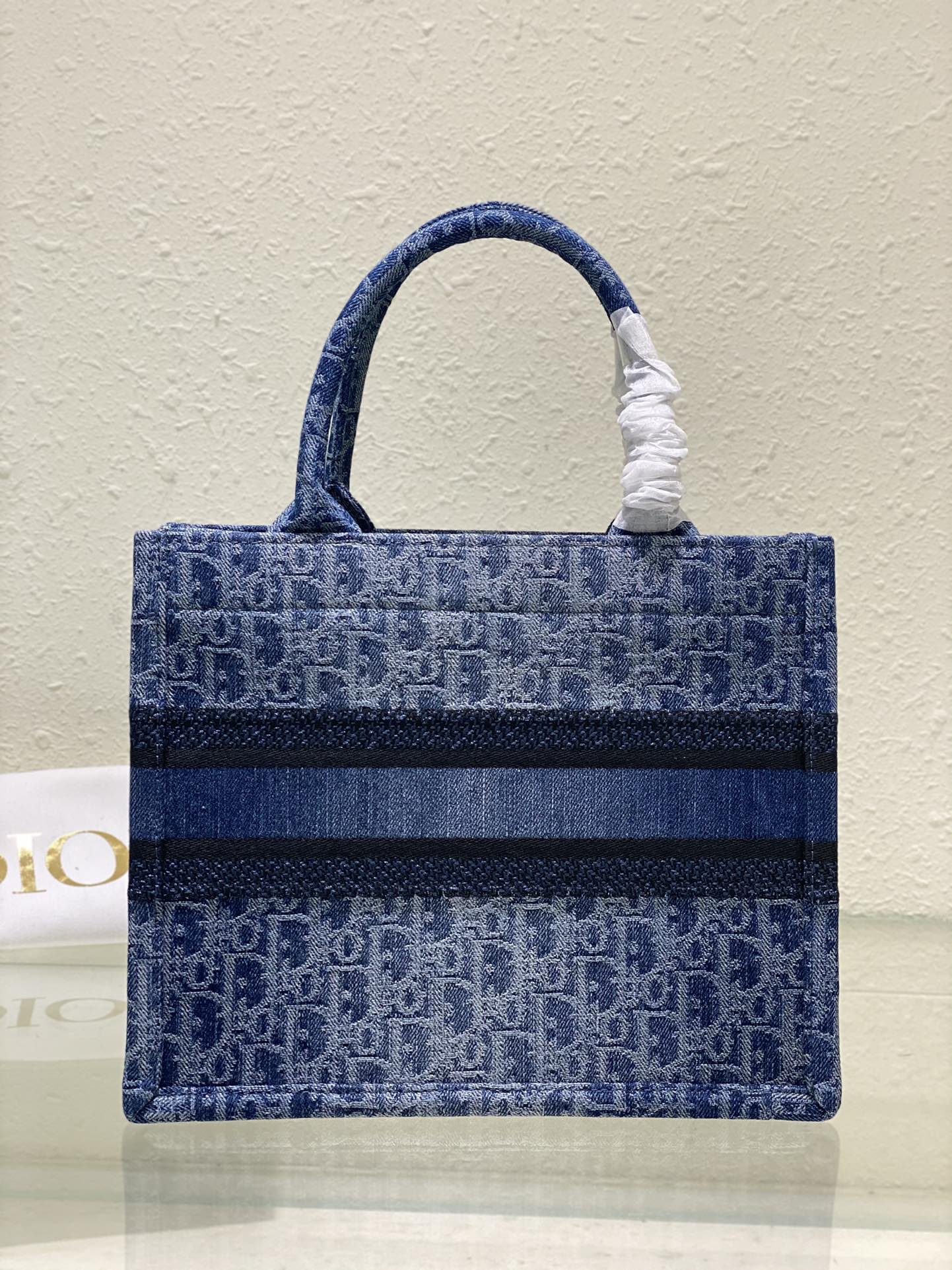 Dior Blue Monogram Embroidered Canvas Top Handle Tote Handbag