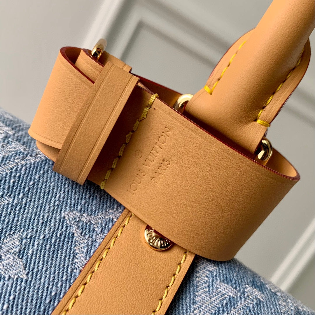 Louis Vuitton Blue Denim Monogram Print Duffle Handbag with Leather Trim