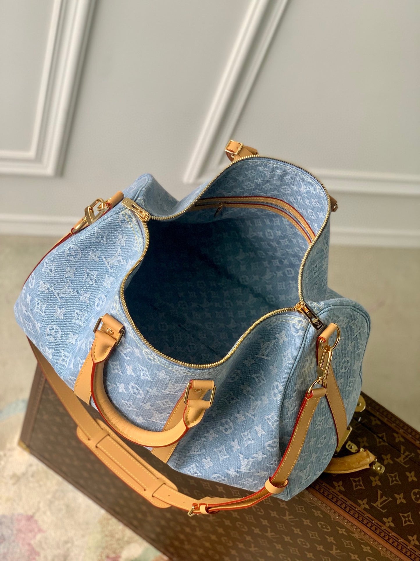 Louis Vuitton Blue Denim Monogram Print Duffle Handbag with Leather Trim