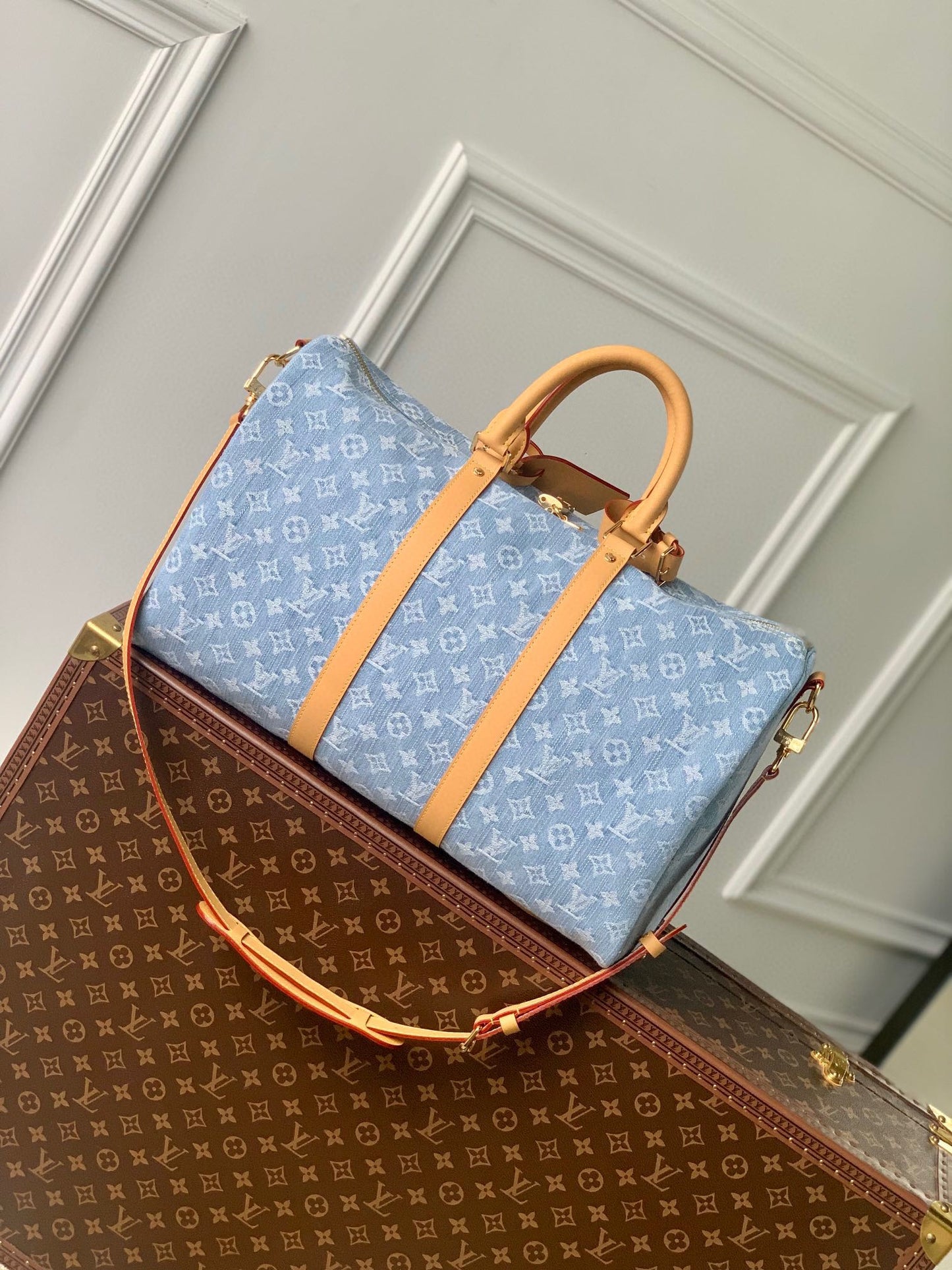 Louis Vuitton Blue Denim Monogram Print Duffle Handbag with Leather Trim