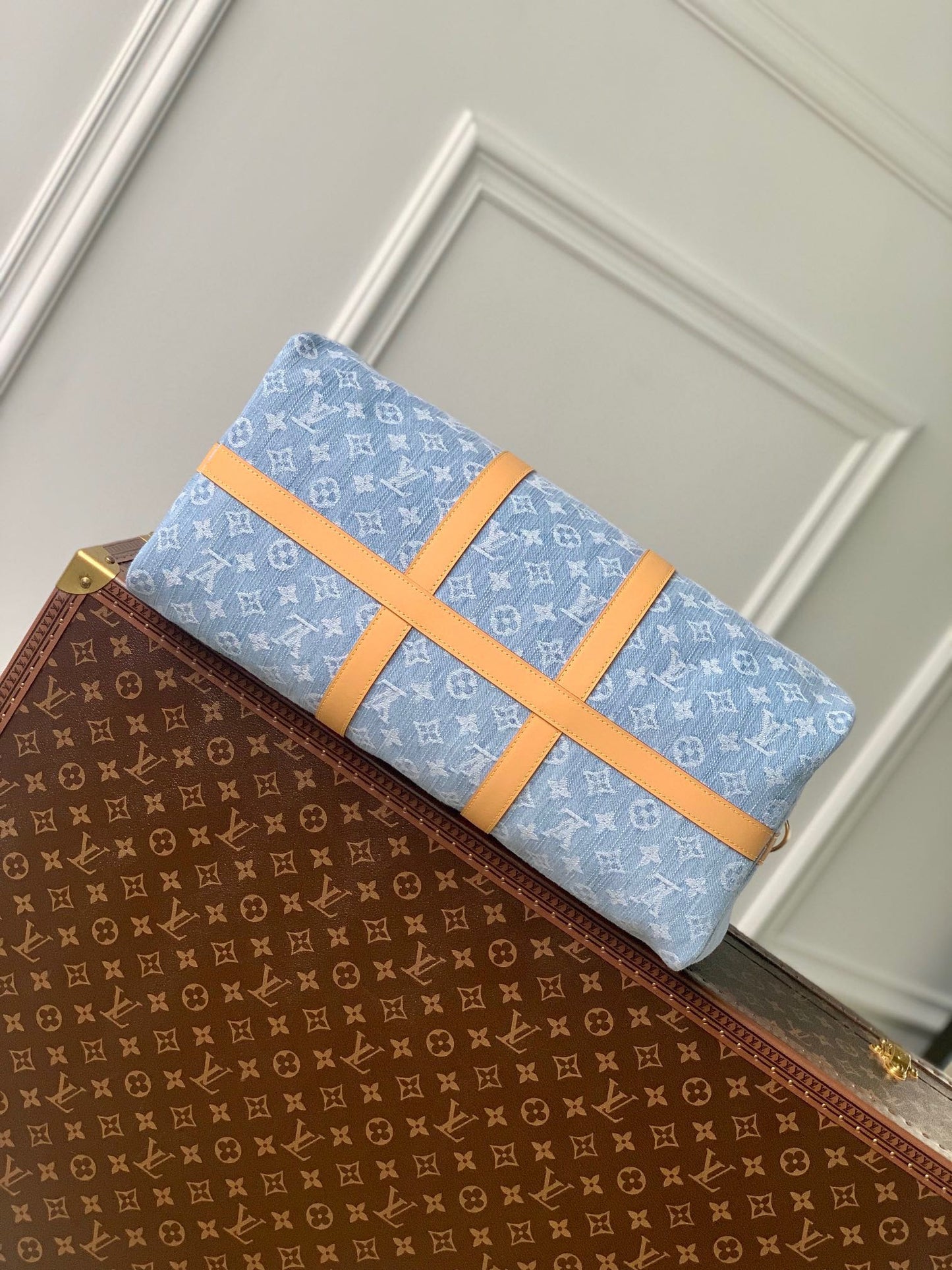 Louis Vuitton Blue Denim Monogram Print Duffle Handbag with Leather Trim