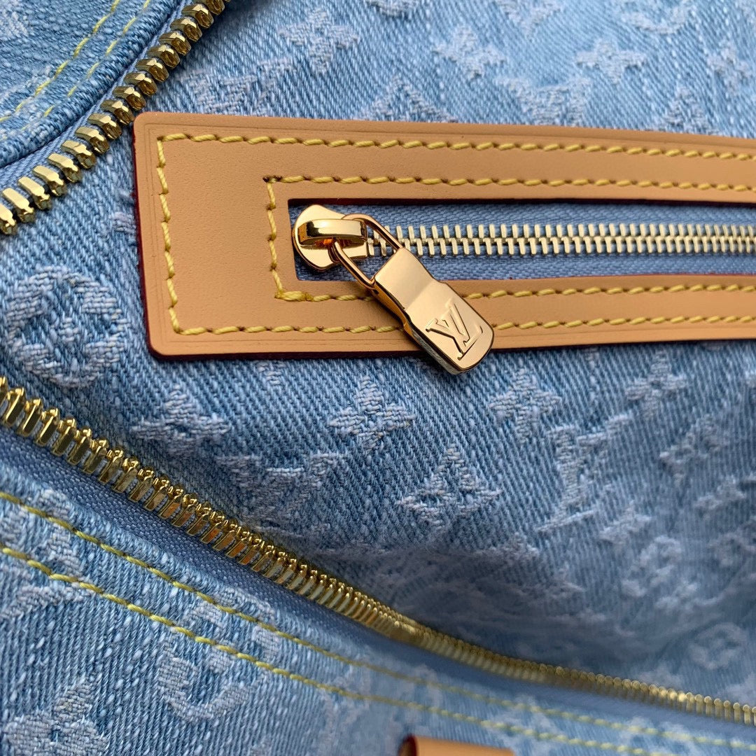 Louis Vuitton Blue Denim Monogram Print Duffle Handbag with Leather Trim