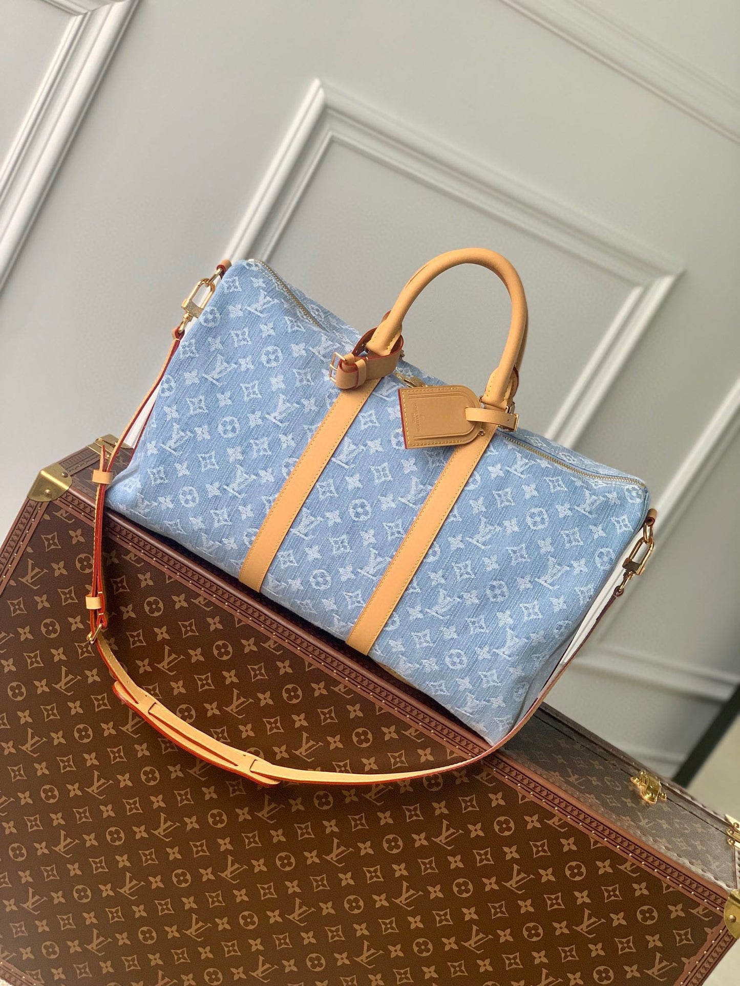 Louis Vuitton Blue Denim Monogram Print Duffle Handbag with Leather Trim