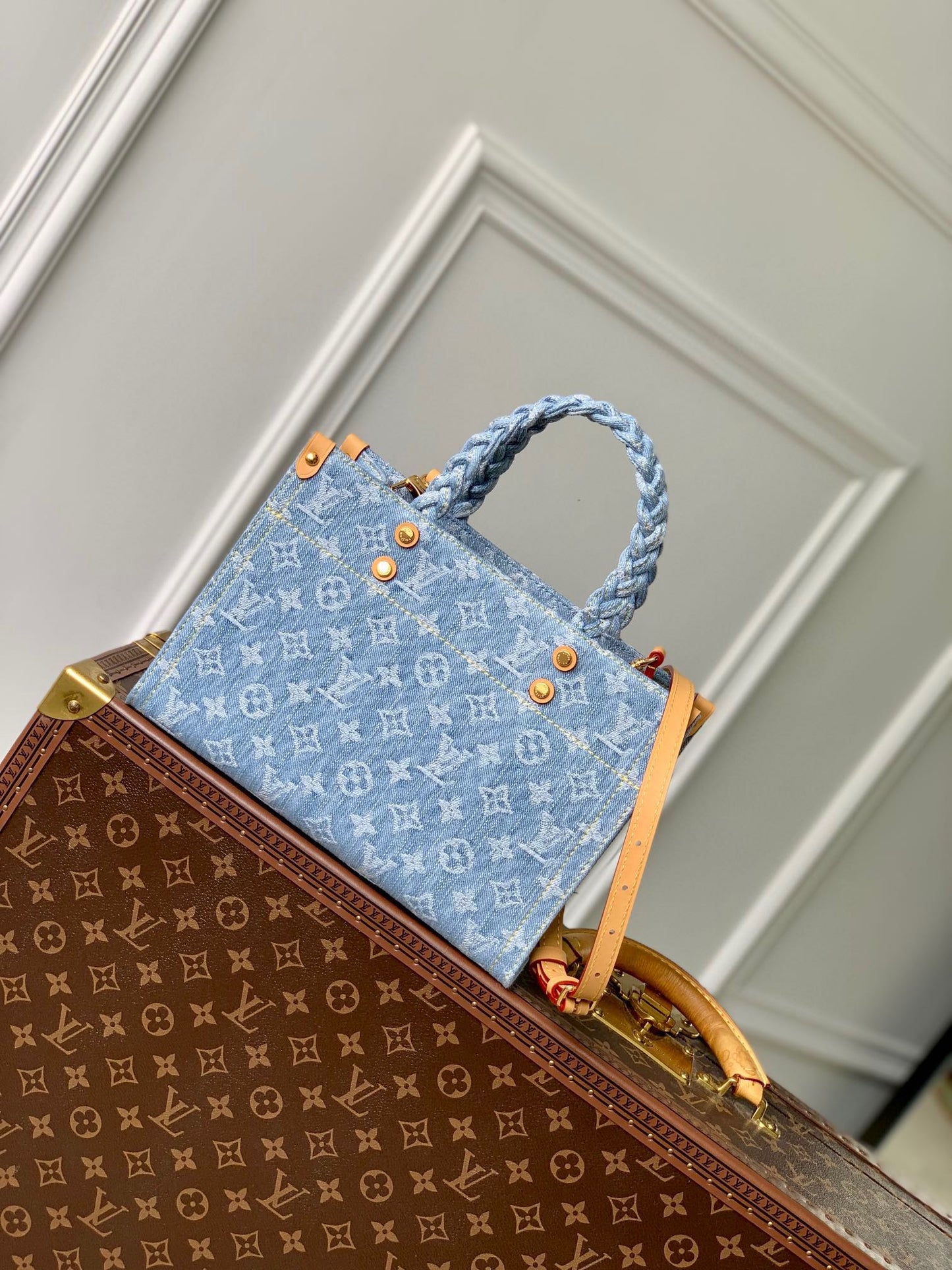 Louis Vuitton Petit Sac Plat Monogram Denim Blue Handbag with Braided Handles