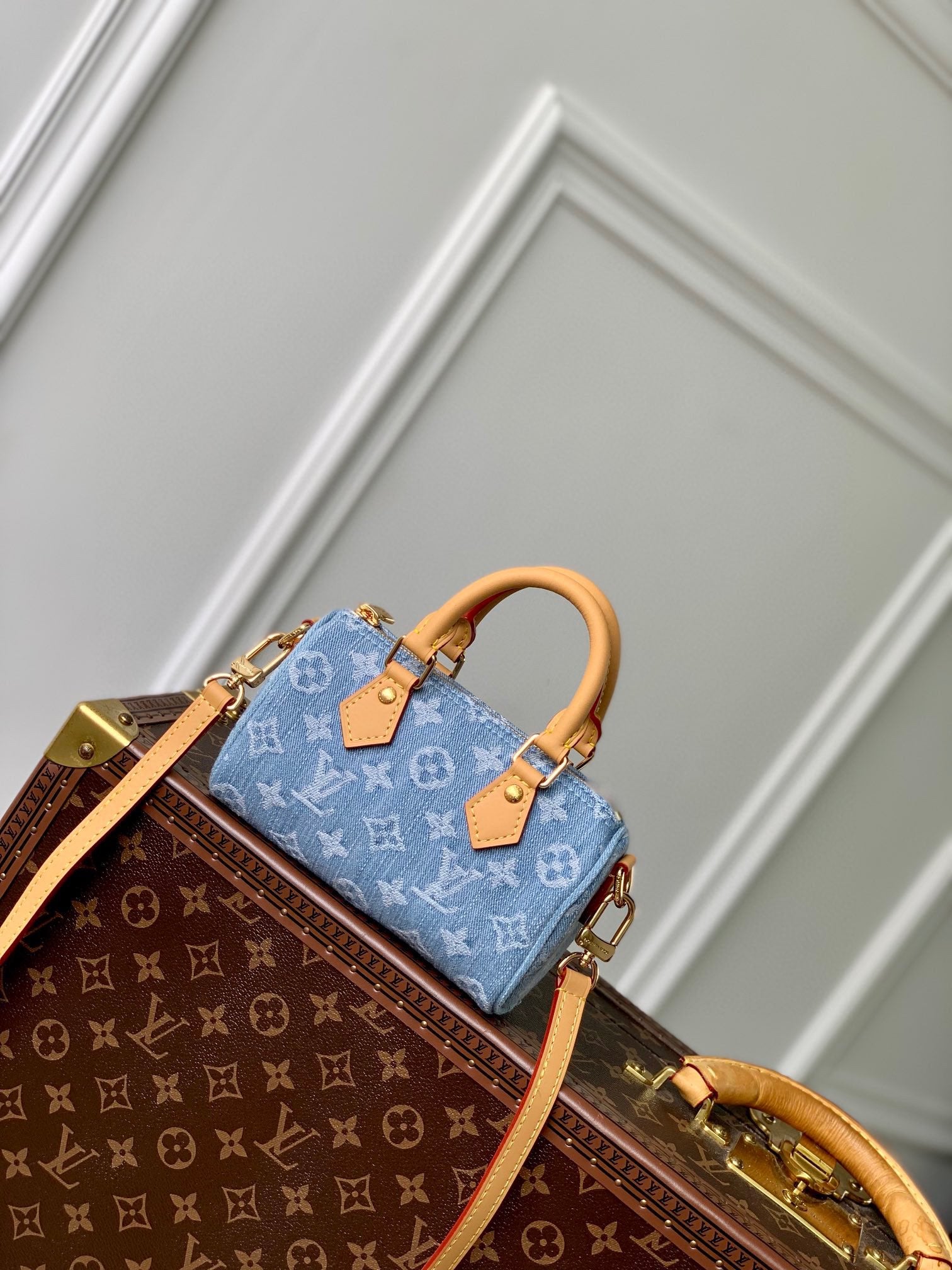 Louis Vuitton Vintage Monogram Blue Denim Mini Crossbody Bag with Leather Handles