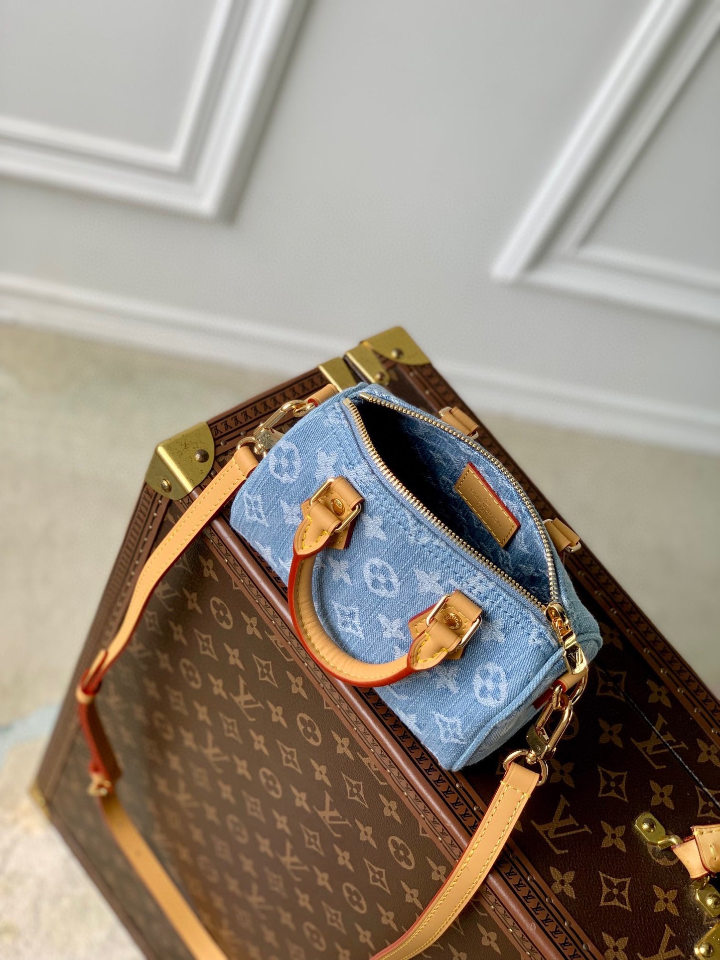 Louis Vuitton Vintage Monogram Blue Denim Mini Crossbody Bag with Leather Handles
