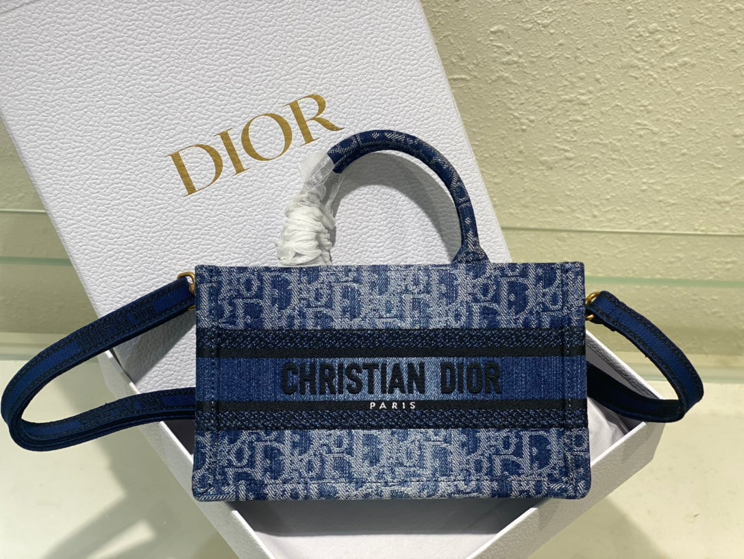Dior Blue Monogram Canvas Mini Tote Bag with Shoulder Strap