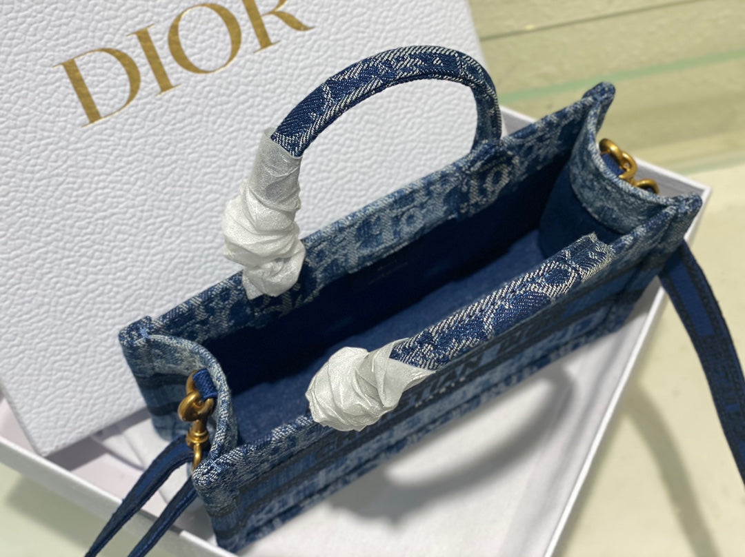 Dior Blue Monogram Canvas Mini Tote Bag with Shoulder Strap