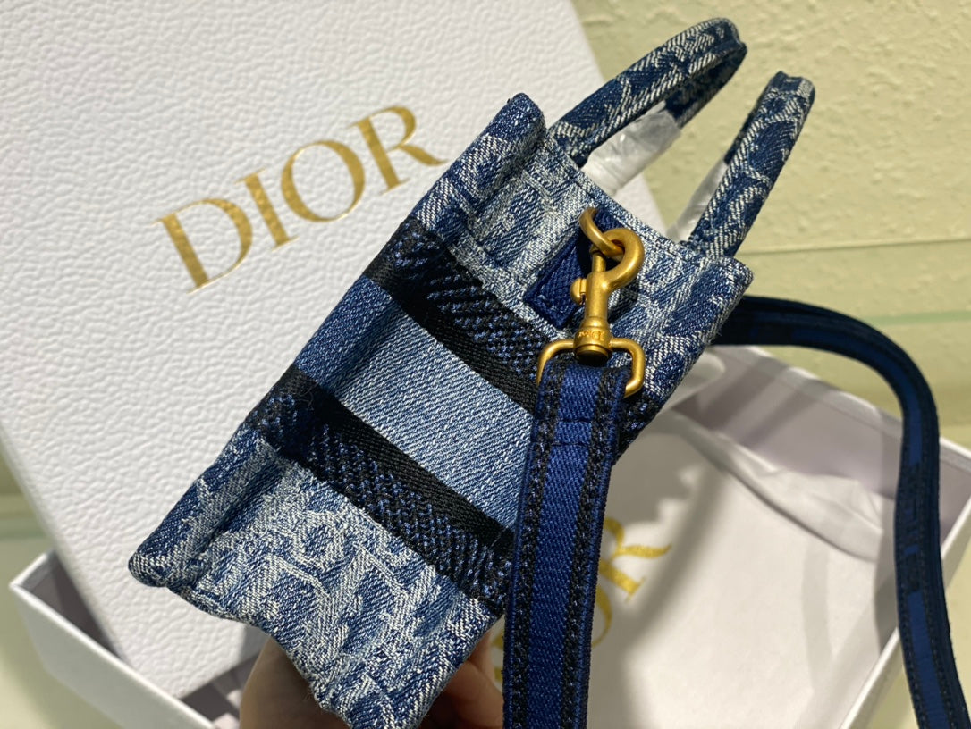 Dior Blue Monogram Canvas Mini Tote Bag with Shoulder Strap