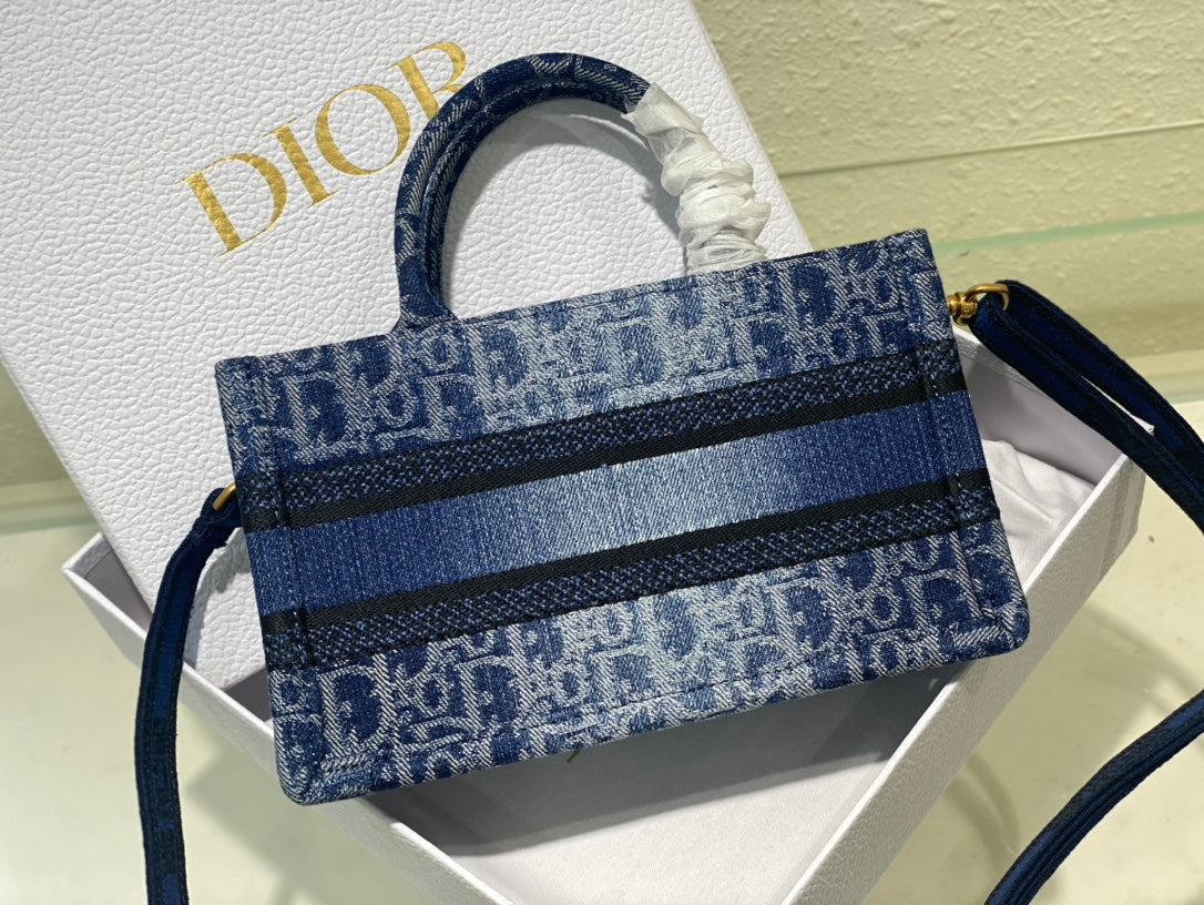 Dior Blue Monogram Canvas Mini Tote Bag with Shoulder Strap