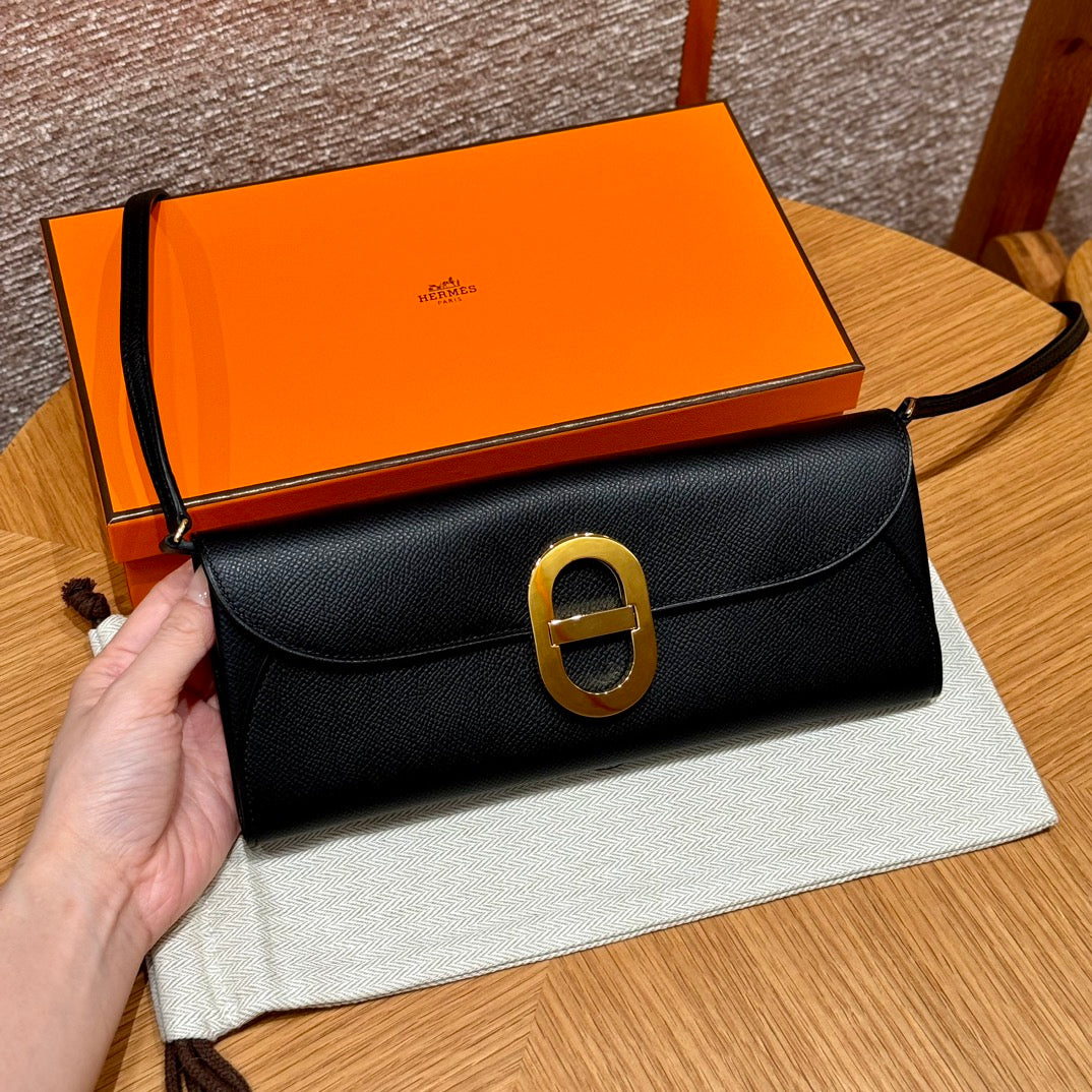 Hermès Black Leather O'Maillon Clutch Bag with Detachable Shoulder Strap
