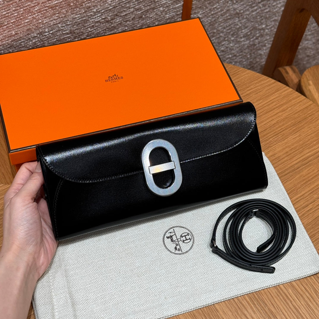 Hermès O'Maillon Black Leather Clutch Wallet with Silver Hardware