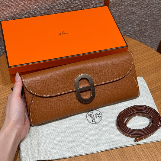 Hermès H d'Ancre Leather Clutch with Detachable Strap - Gold Brown
