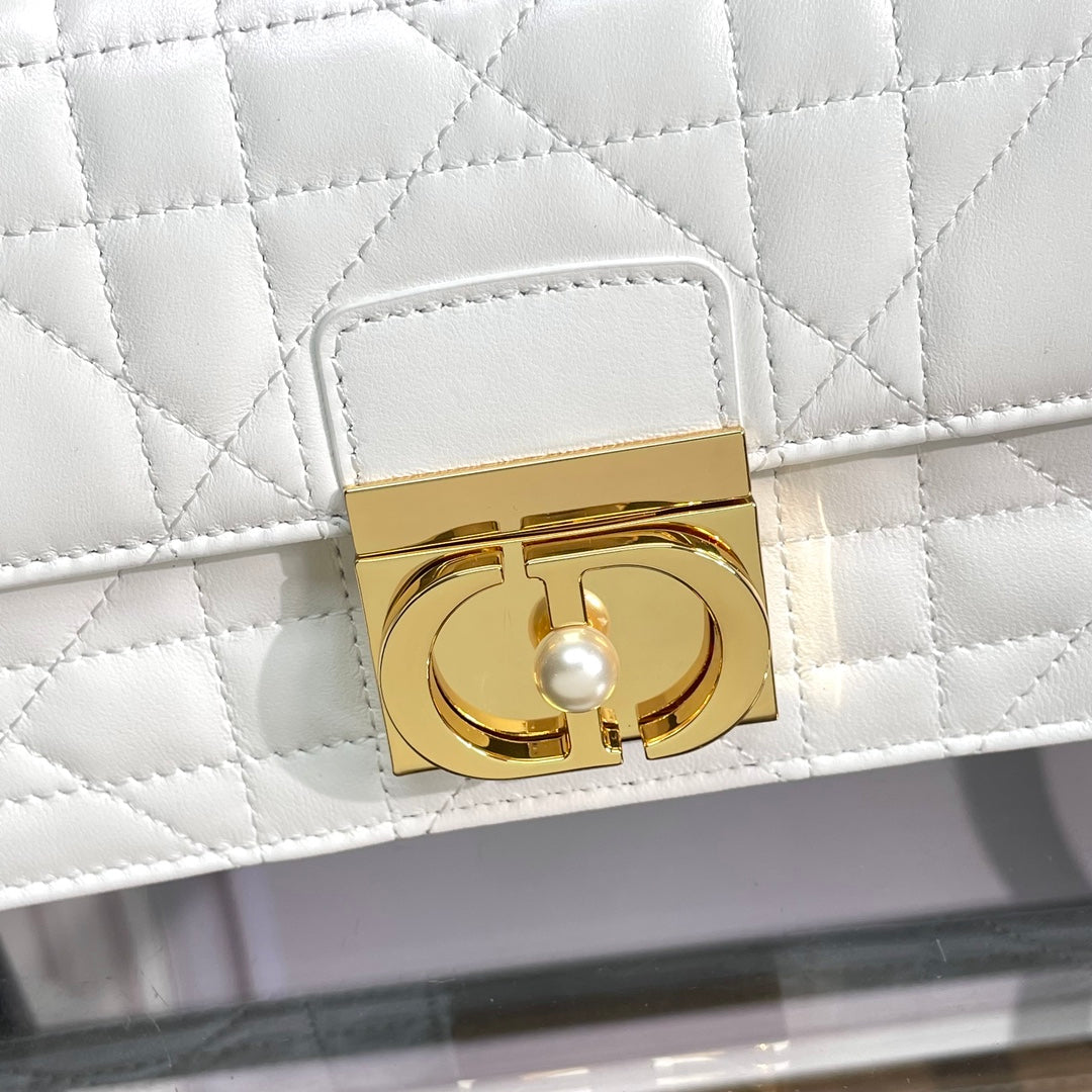 Dior White Quilted Leather Shoulder Bag with Gold Metal Top Handle