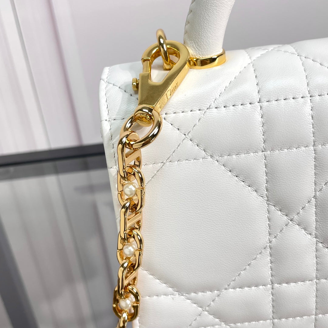 Dior White Quilted Leather Shoulder Bag with Gold Metal Top Handle