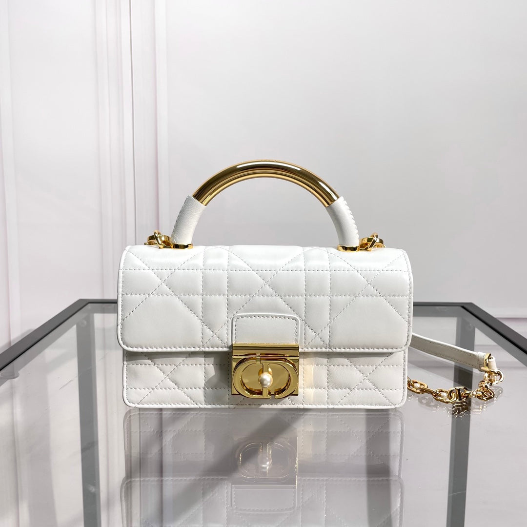 Dior White Quilted Leather Shoulder Bag with Gold Metal Top Handle