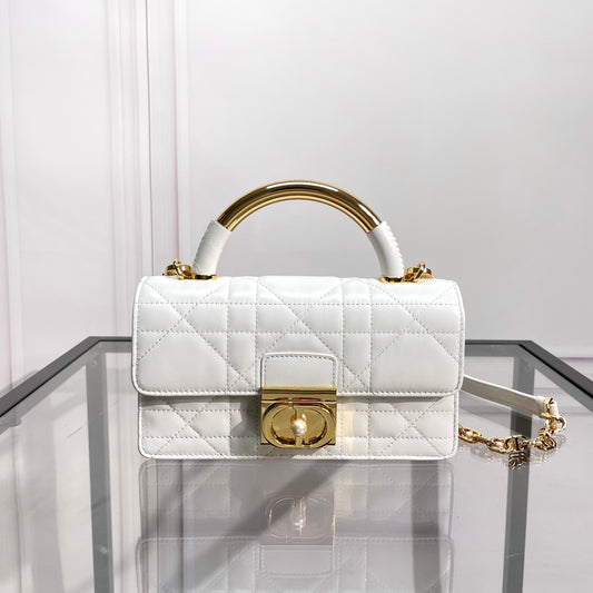 Dior White Quilted Leather Shoulder Bag with Gold Metal Top Handle
