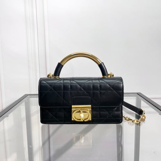 Dior Classic Black Quilted Leather Handbag with Gold Clasp and Top Handle