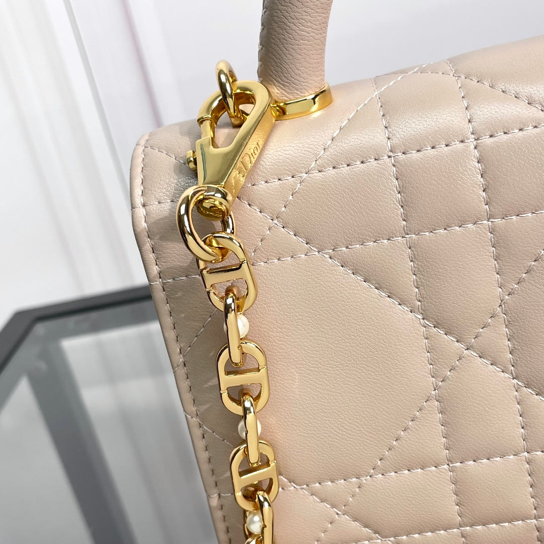 Dior Elegant Beige Quilted Leather Top Handle Bag with Gold Chain Strap