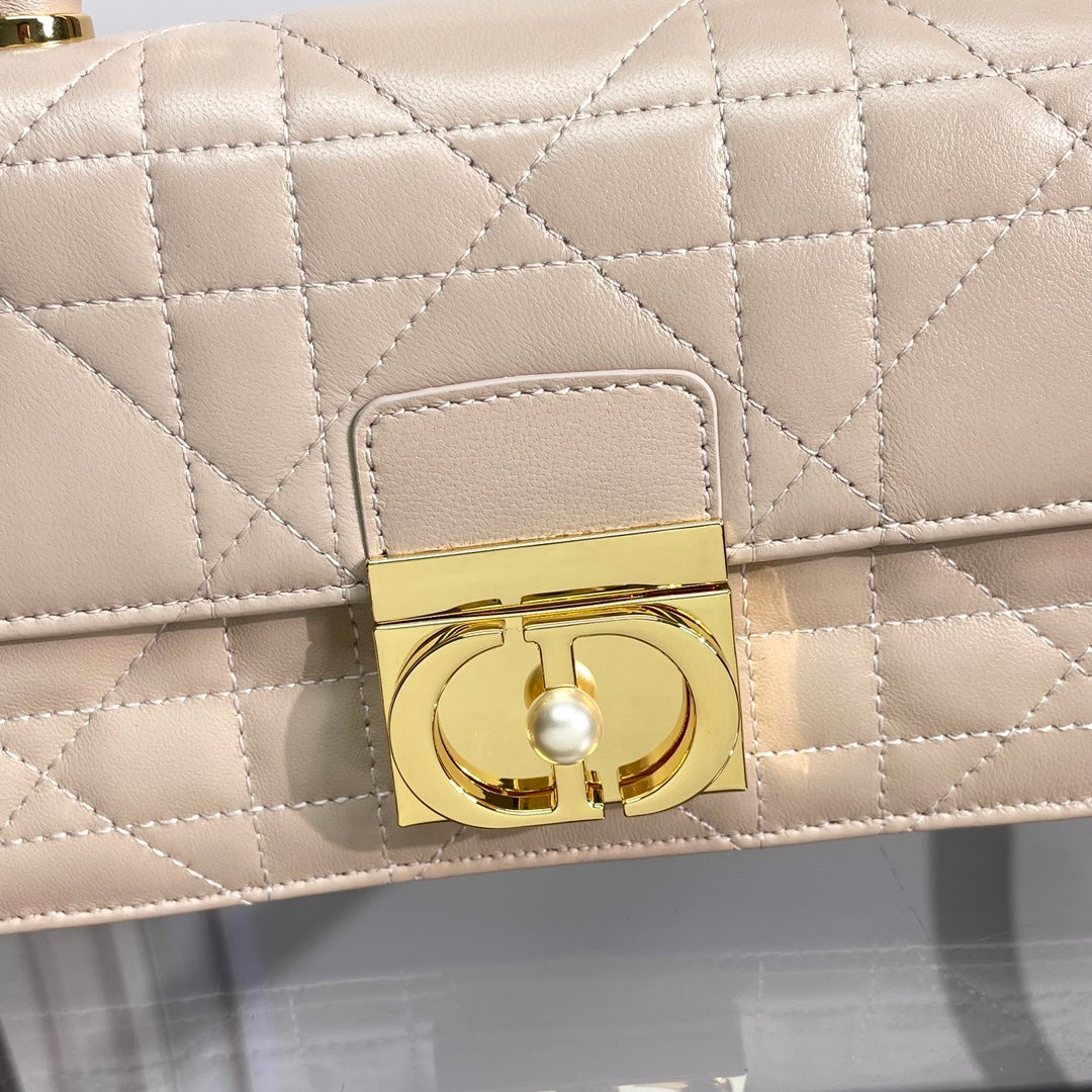 Dior Elegant Beige Quilted Leather Top Handle Bag with Gold Chain Strap