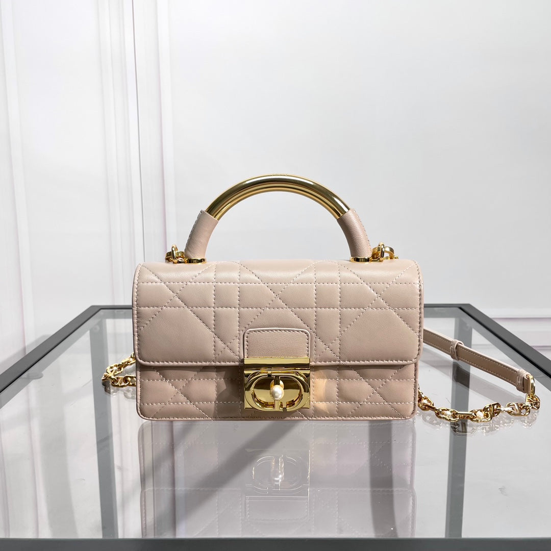 Dior Elegant Beige Quilted Leather Top Handle Bag with Gold Chain Strap