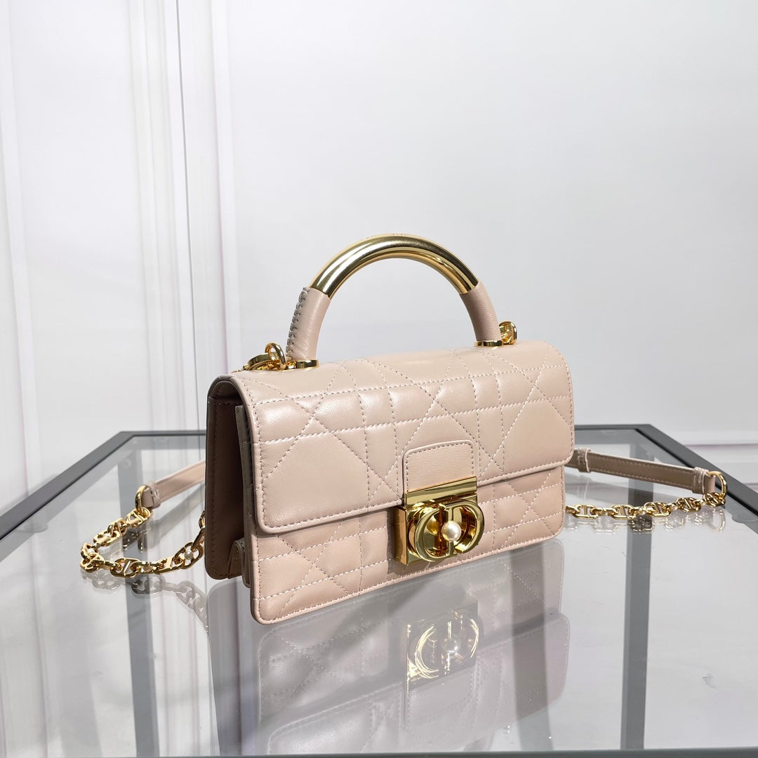 Dior Elegant Beige Quilted Leather Top Handle Bag with Gold Chain Strap