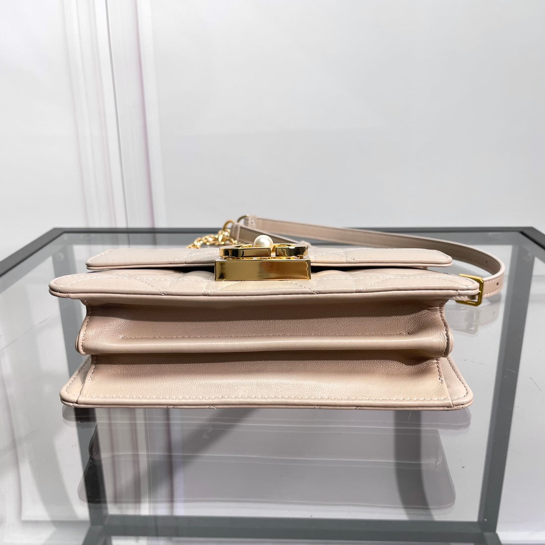 Dior Elegant Beige Quilted Leather Top Handle Bag with Gold Chain Strap