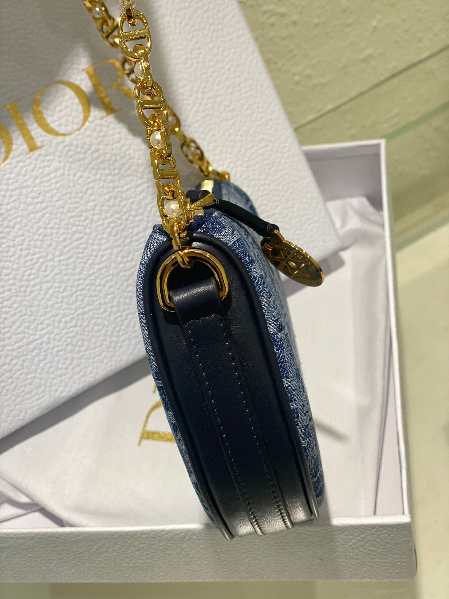 Dior Blue Monogram Jacquard Half-Moon Shoulder Bag with Gold Chain
