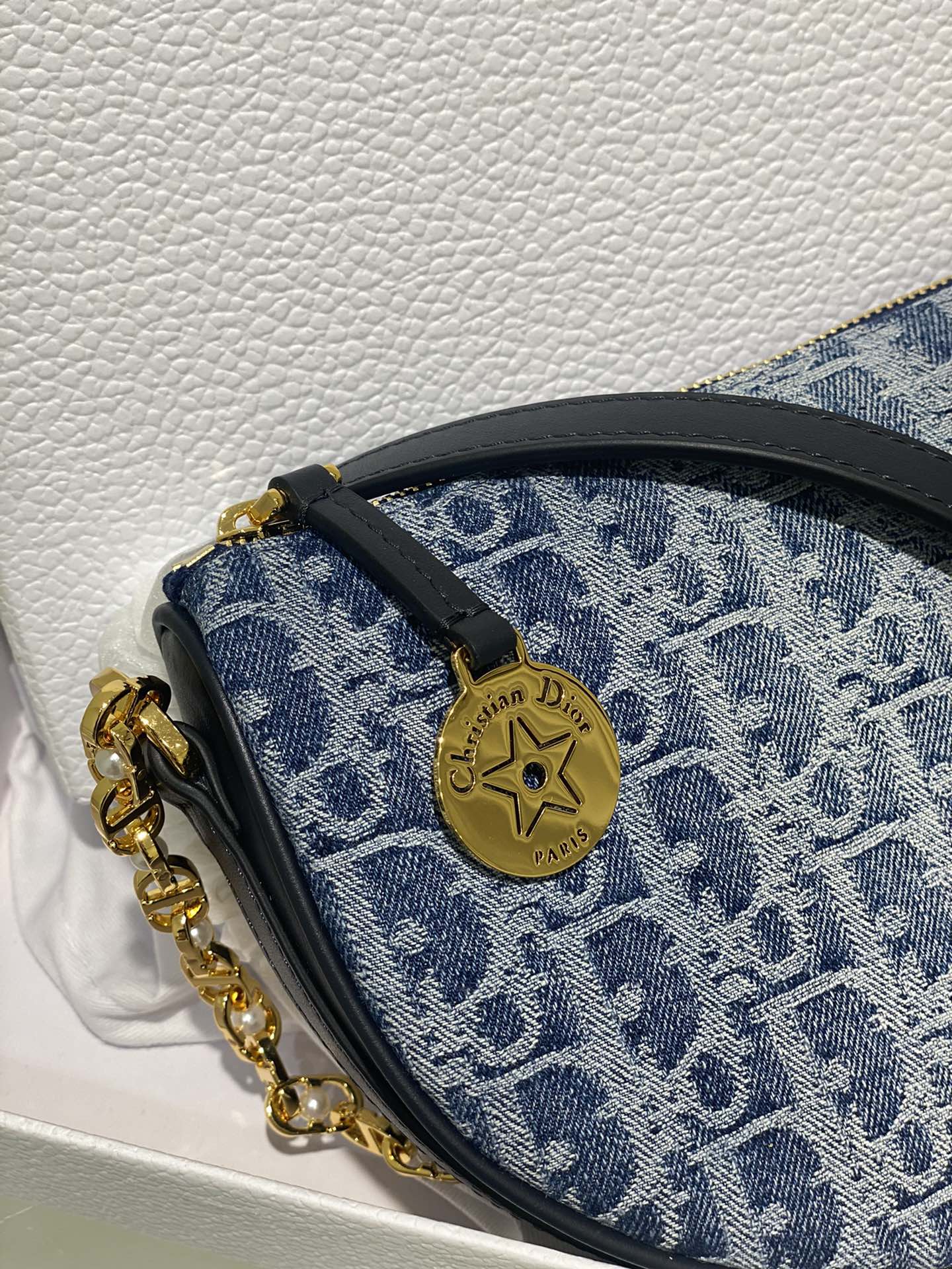 Dior Blue Monogram Jacquard Half-Moon Shoulder Bag with Gold Chain