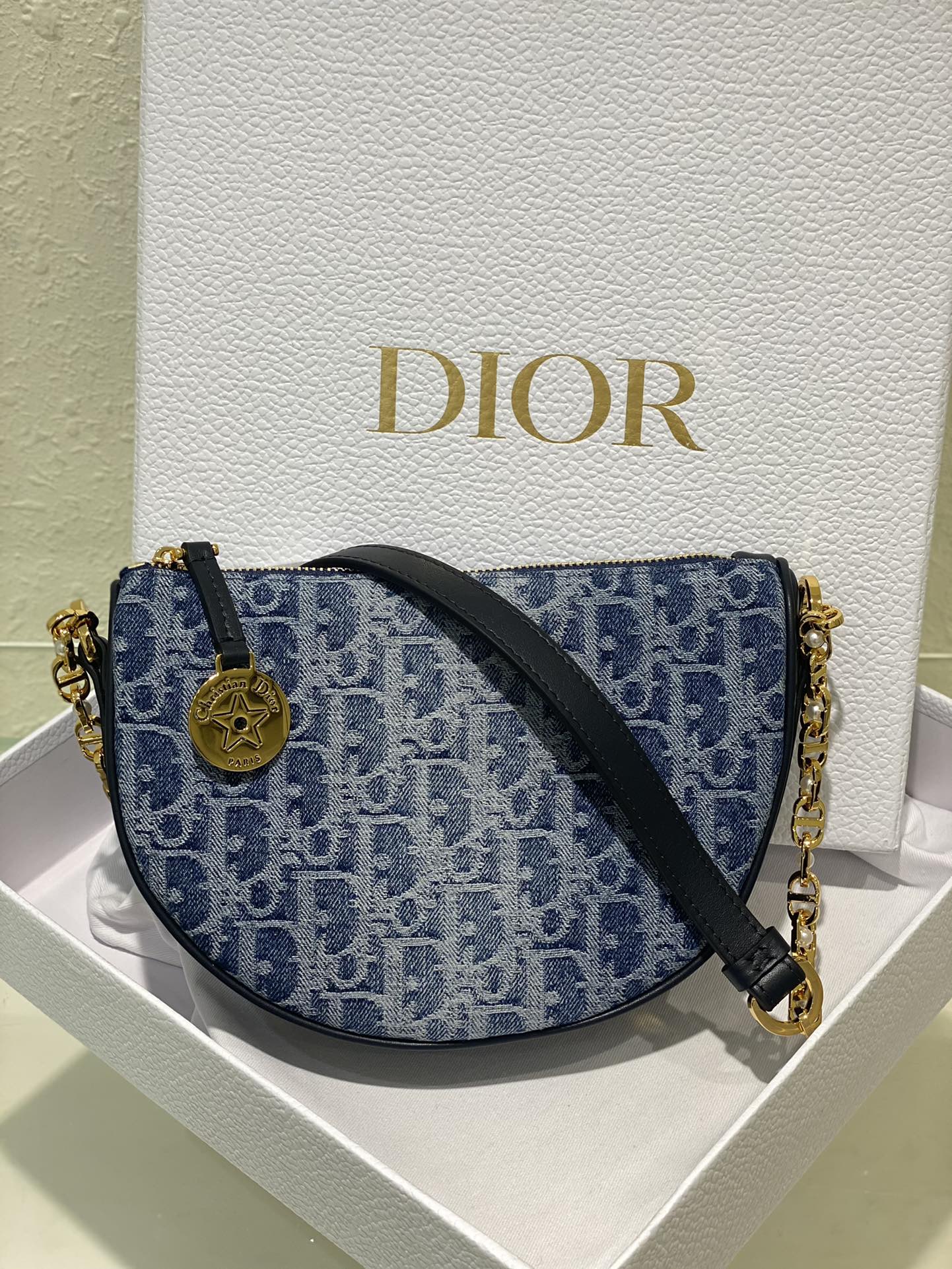 Dior Blue Monogram Jacquard Half-Moon Shoulder Bag with Gold Chain