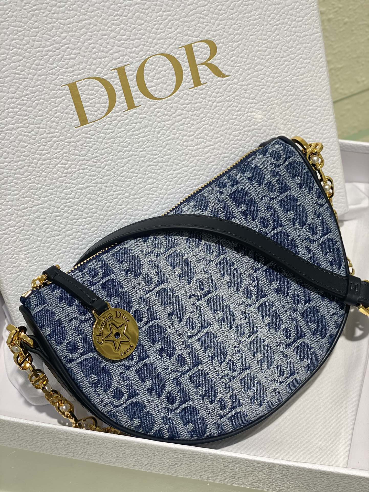Dior Blue Monogram Jacquard Half-Moon Shoulder Bag with Gold Chain
