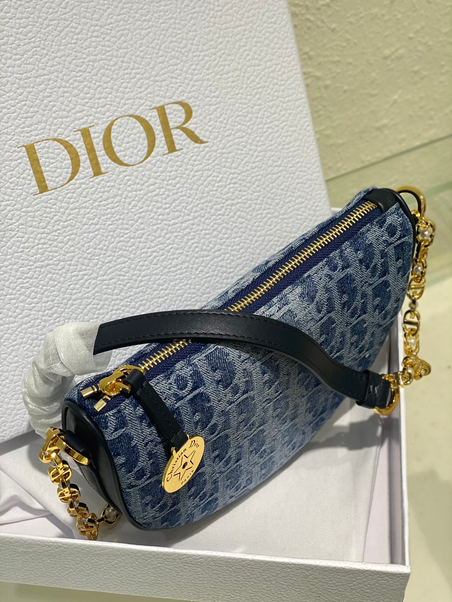 Dior Blue Monogram Jacquard Half-Moon Shoulder Bag with Gold Chain