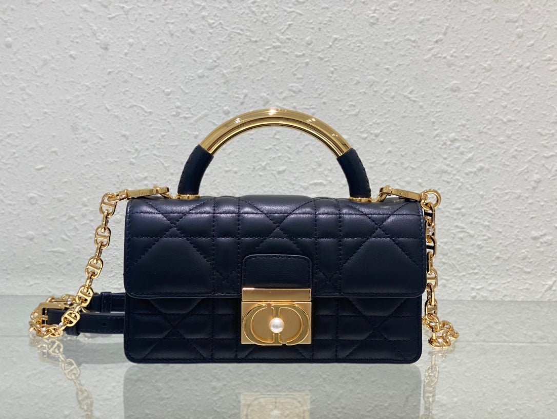 Dior Luxury Navy Blue Quilted Leather Handbag with Gold Chain Strap