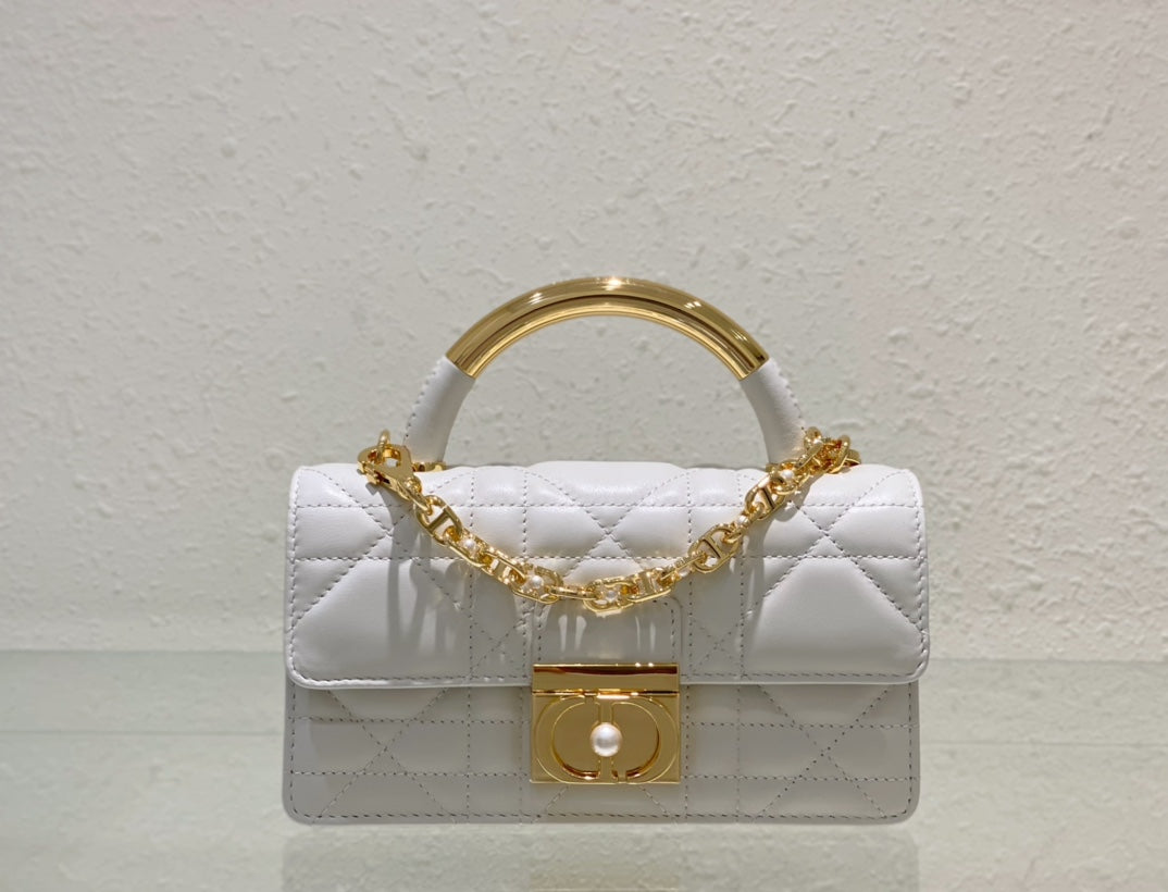 Dior Classic White Quilted Leather Top Handle Bag with Gold Chain