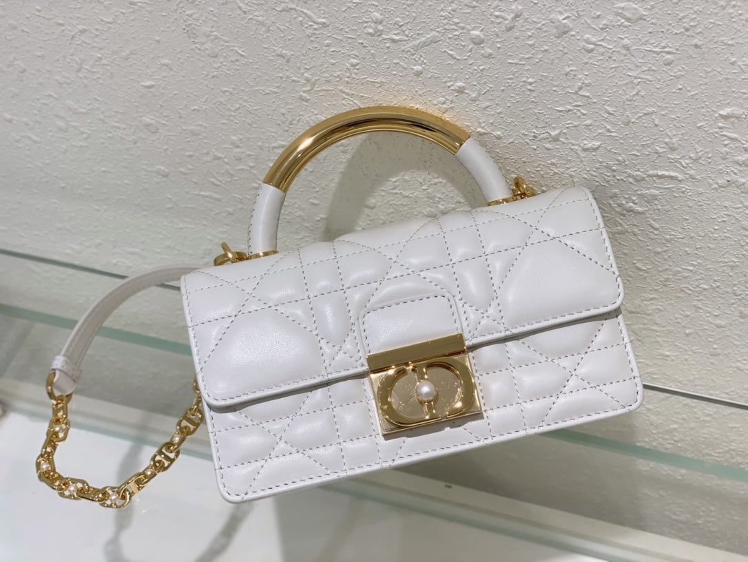 White Quilted Leather Mini Top Handle Bag with Gold Chain Strap