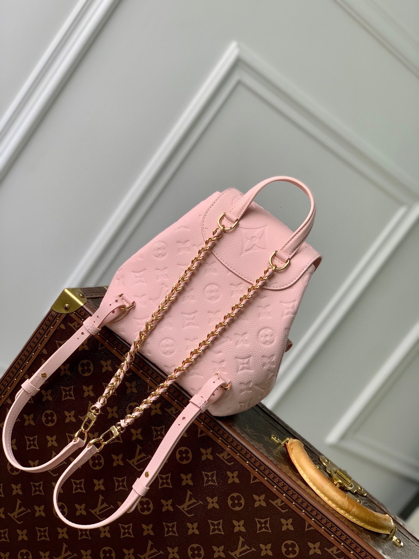 Louis Vuitton Pastel Pink Embossed Leather Mini Backpack with Gold Buckles
