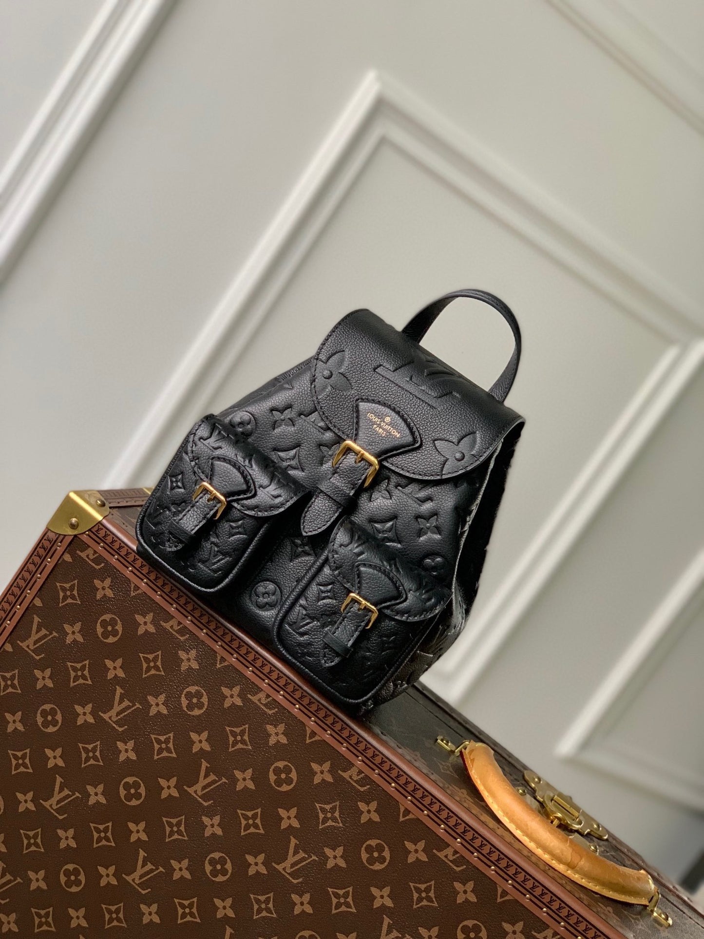 Louis Vuitton Black Embossed Leather Mini Backpack with Buckle Details
