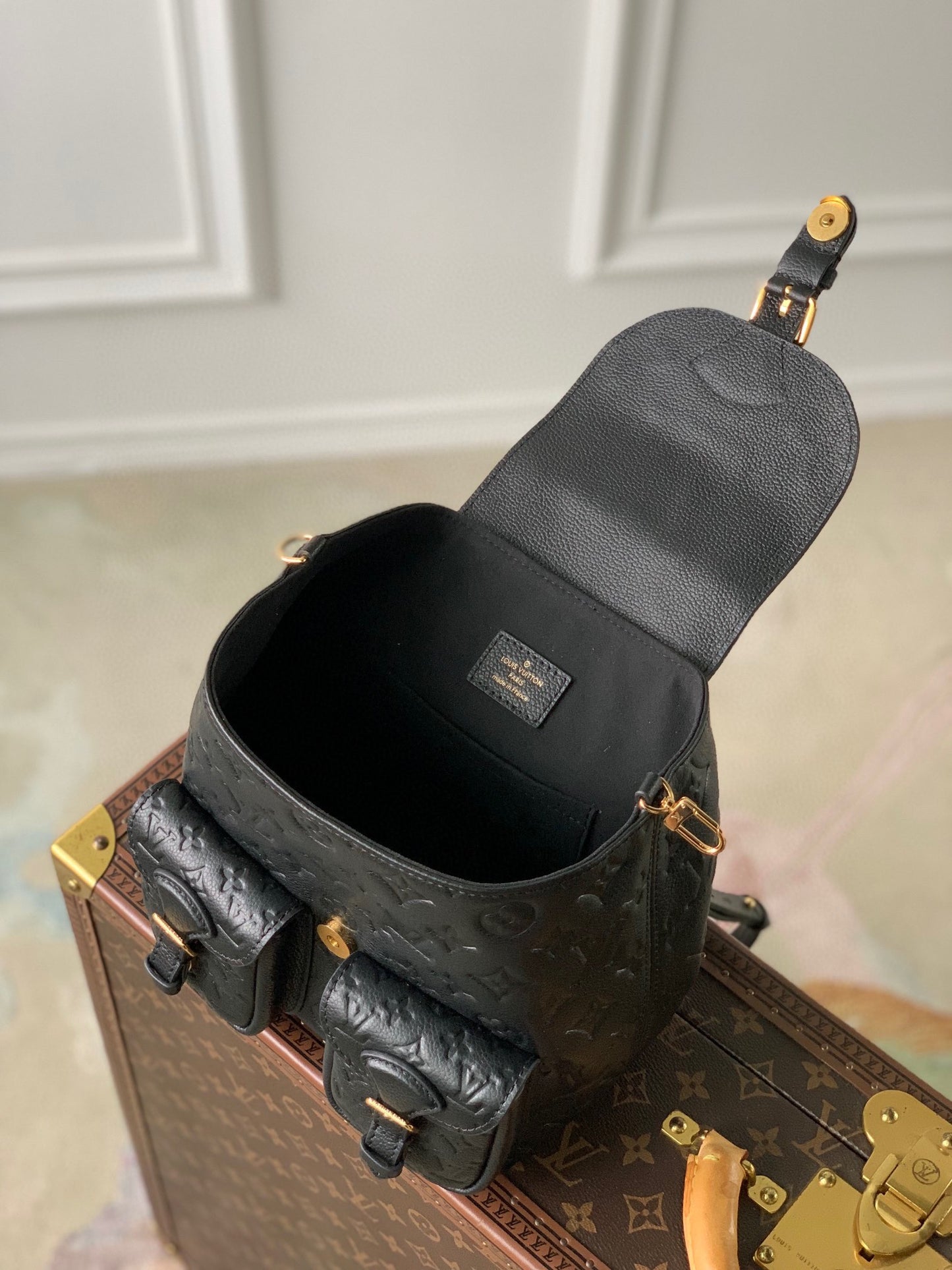 Louis Vuitton Black Embossed Leather Mini Backpack with Buckle Details