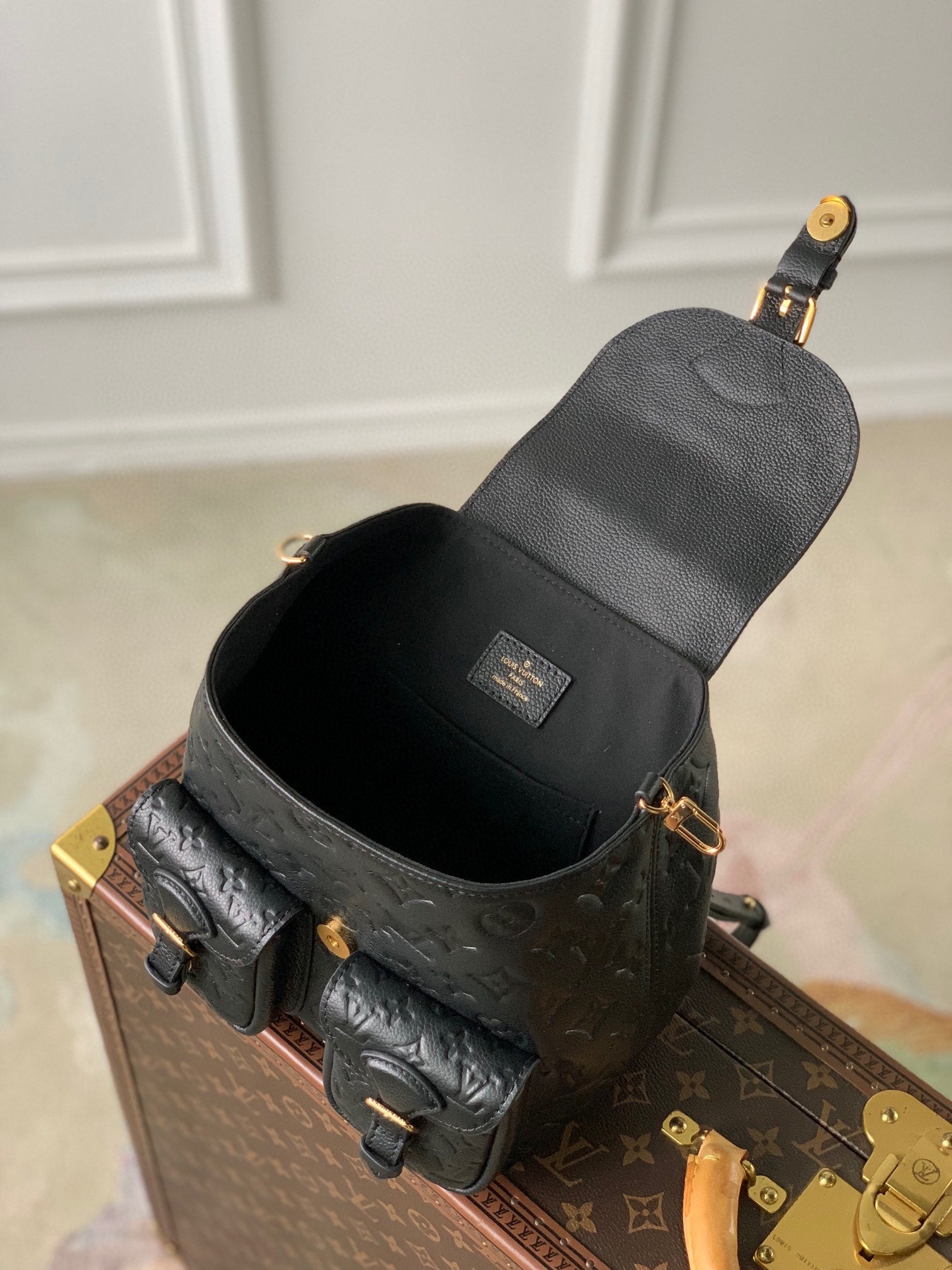 Louis Vuitton Black Embossed Leather Mini Backpack with Buckle Details
