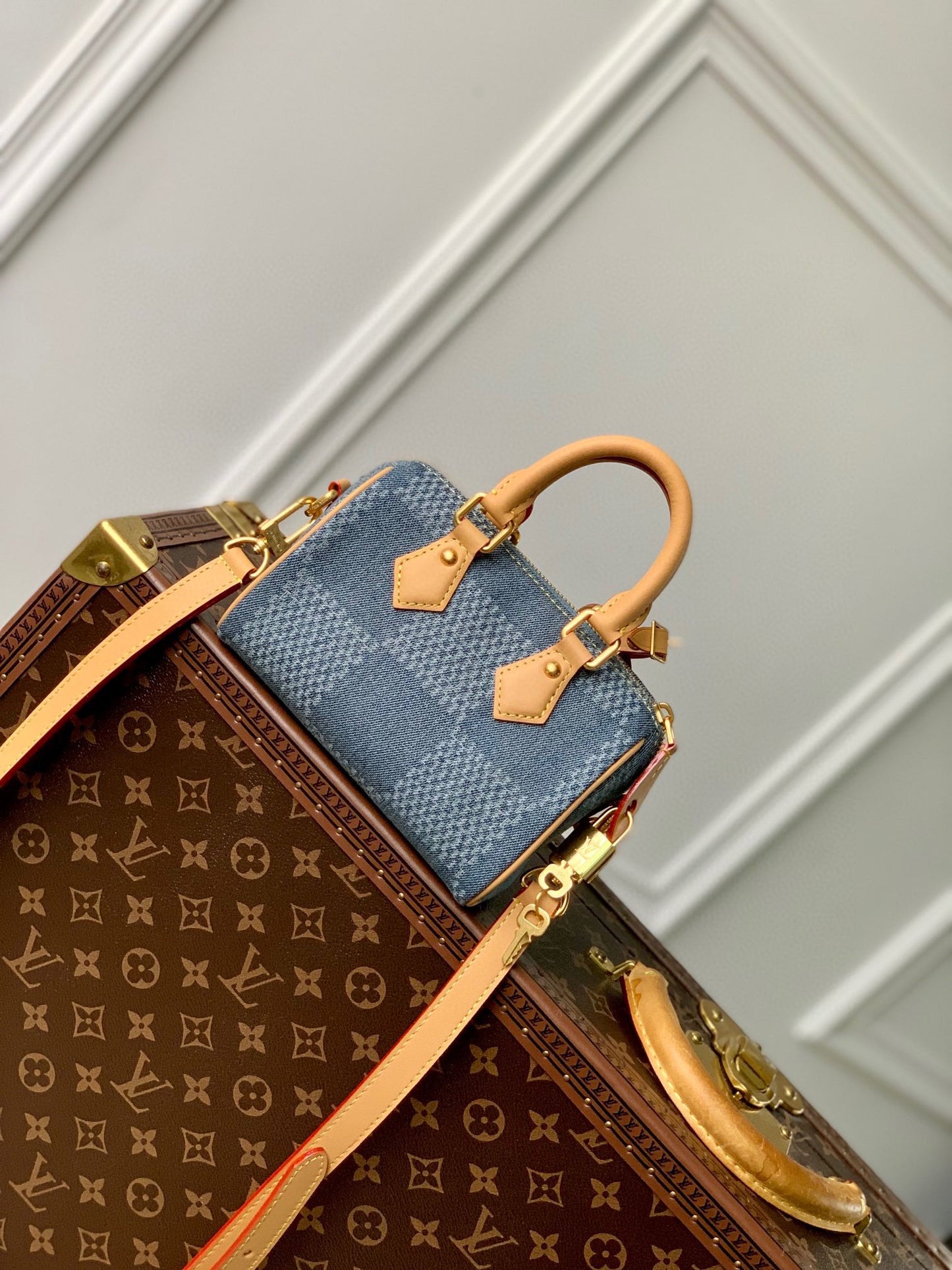 Louis Vuitton Blue Checkered Denim Mini Crossbody Bag with Leather Trim